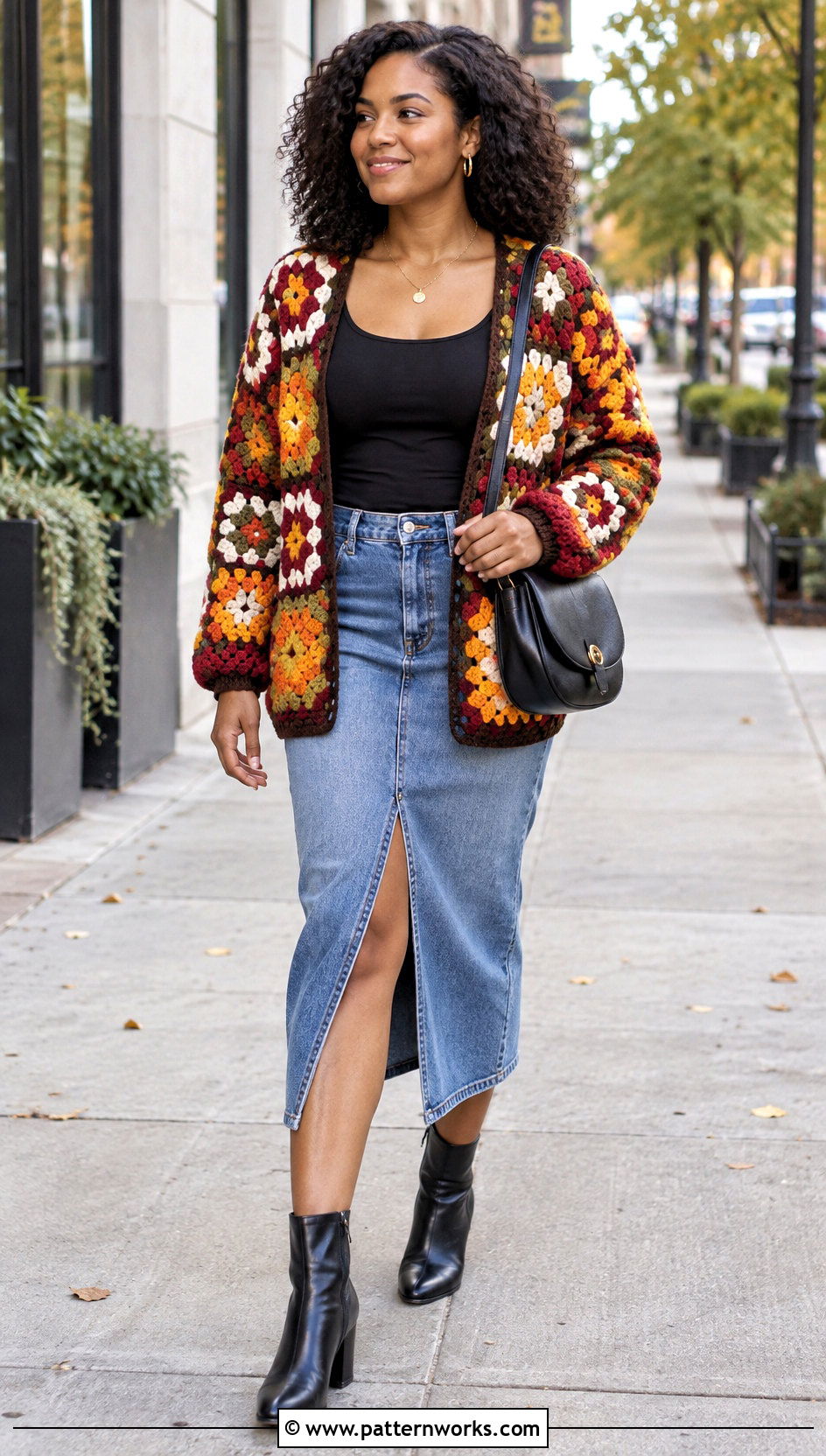 African Flower Crochet Cardigan With Denim Midi Skirt - 24 african flower crochet cardigan outfit ideas