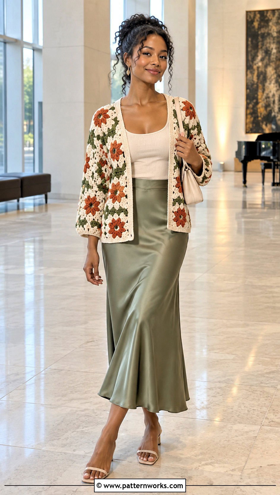 African Flower Crochet Cardigan With Satin Midi Skirt - 24 african flower crochet cardigan outfit ideas