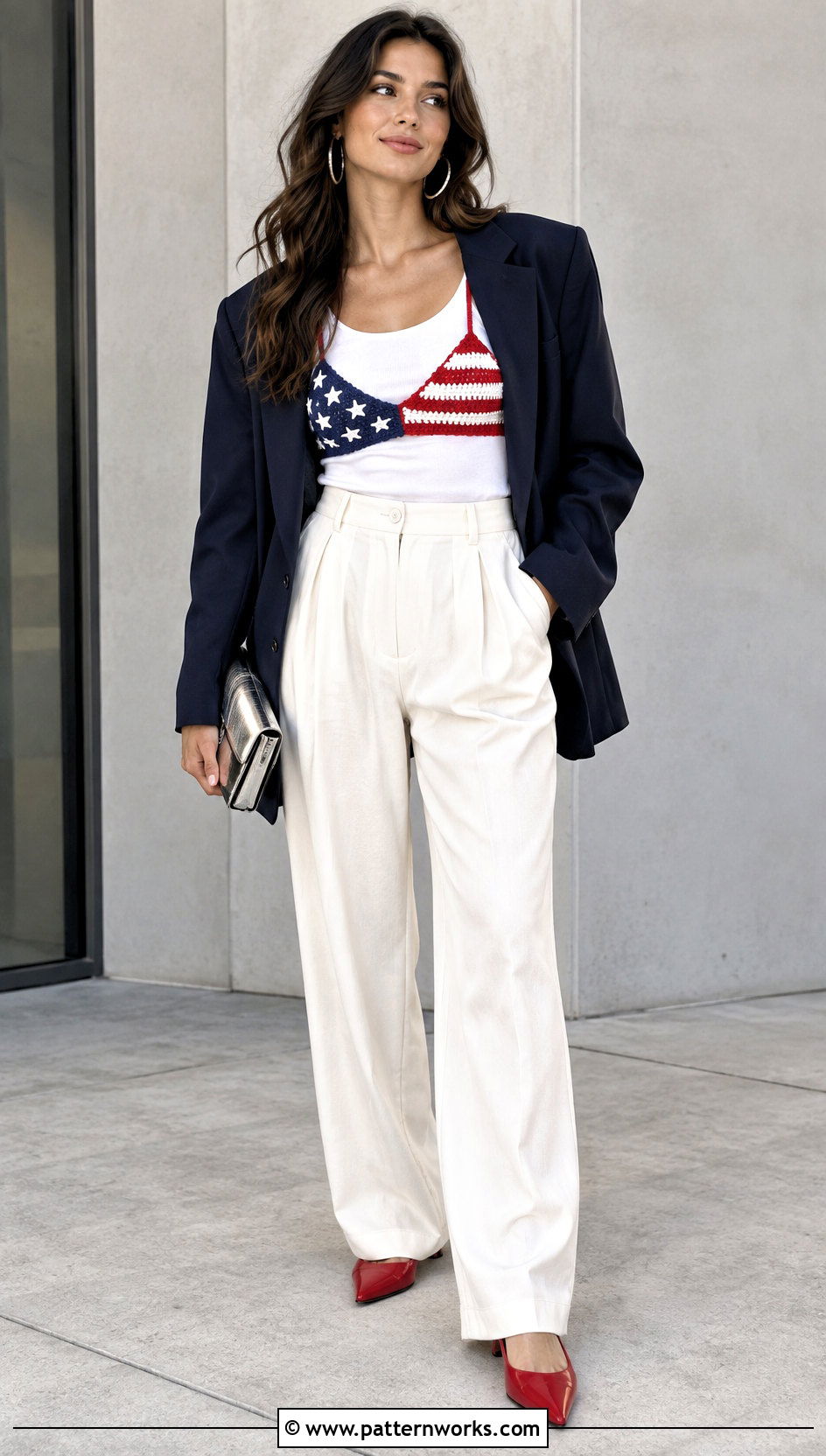 American Flag Crochet Bralette Top With Navy Blazer - 24 american flag crochet top outfit ideas