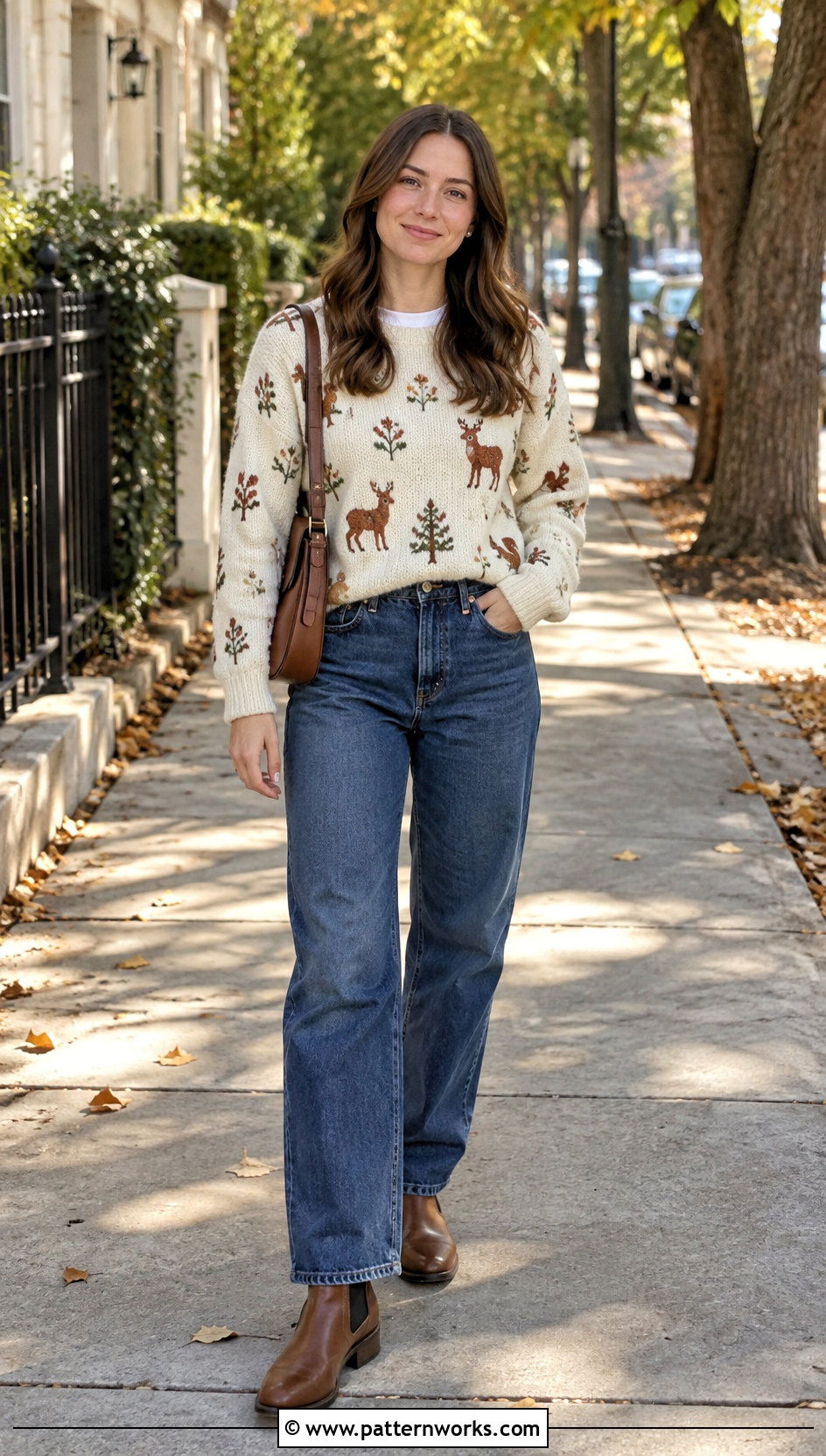 Animal Motif Crochet Sweater With Relaxed Jeans - 24 Patterned Crochet Sweater outfit ideas