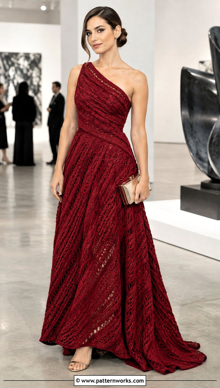 Asymmetrical Crochet Ball Gown With Ear Cuff - 24 crochet ball gown dress outfit ideas