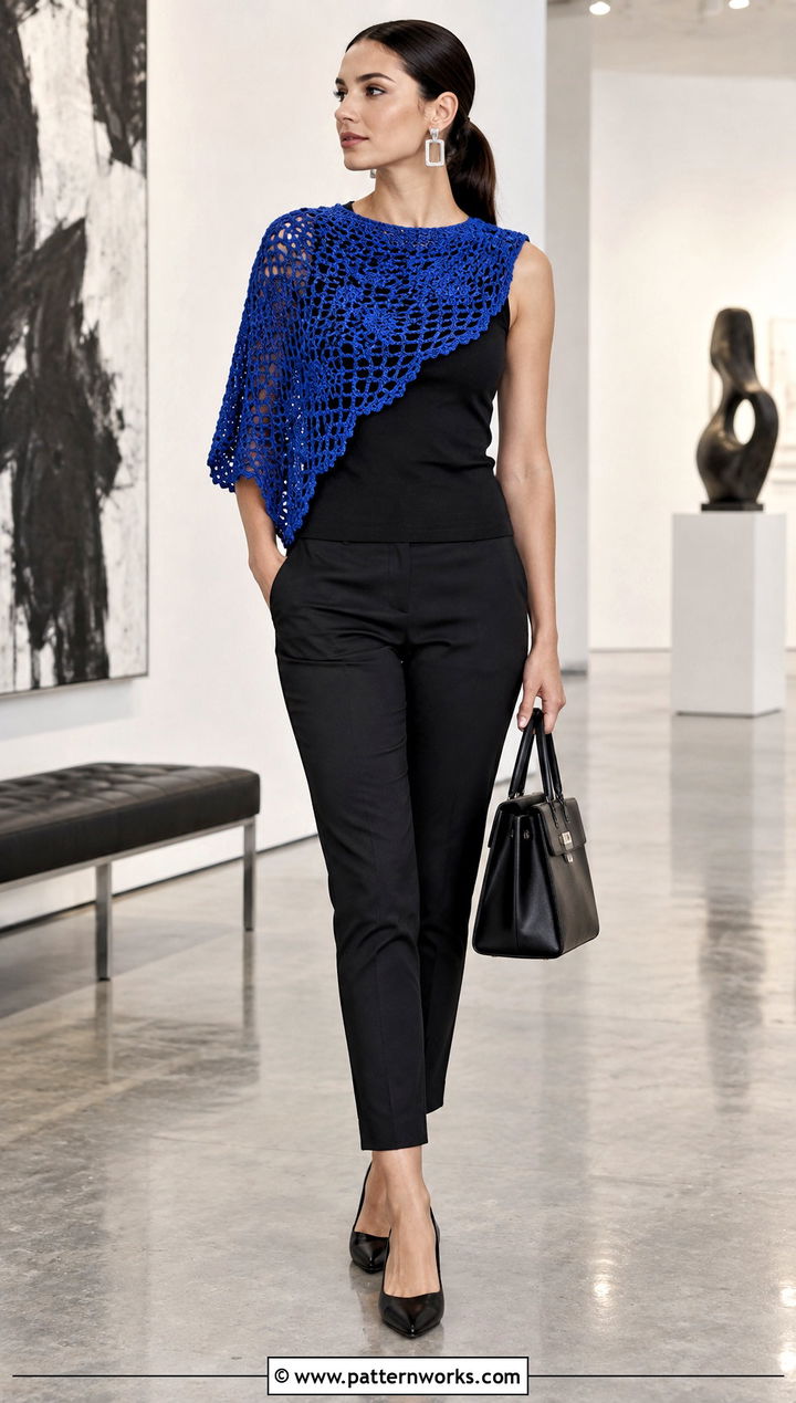 Asymmetrical Crochet Capelet Outfit With Slim Trousers - 30 crochet capelet outfit ideas