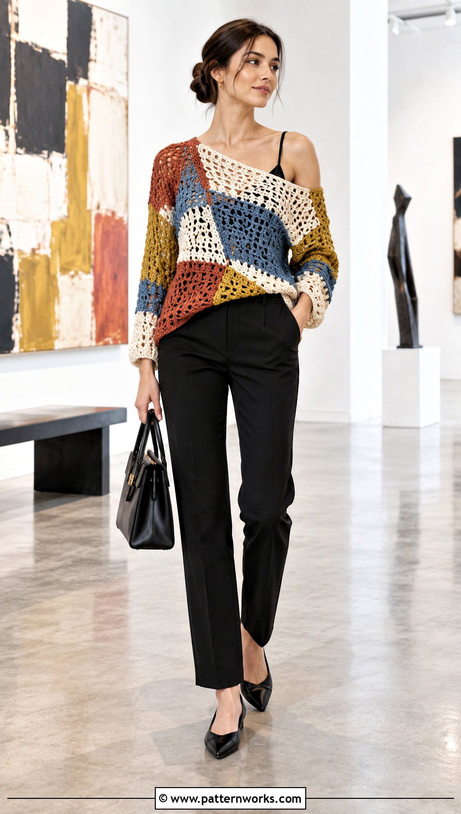 Asymmetrical Crochet Sweater With Slim Pants - 30 colorful crochet sweater outfit ideas