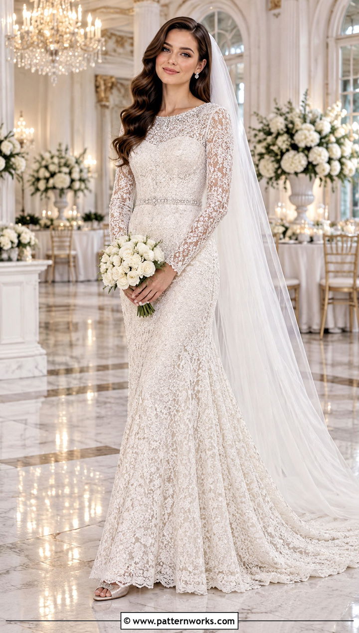 Beaded Long Sleeve Crochet Wedding Dress - 18 long sleeve crochet wedding dress outfit ideas