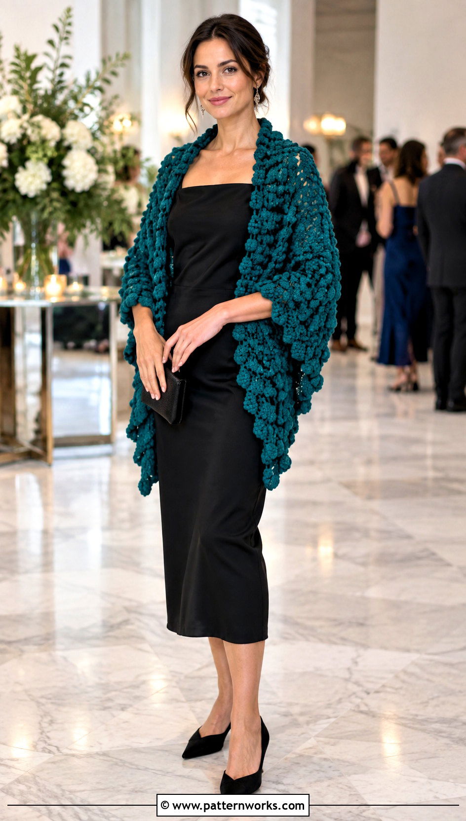Beaded Puff Crochet Scarf With Black Midi Dress - 18 Playful Puffs Crochet Scarf outfit ideas