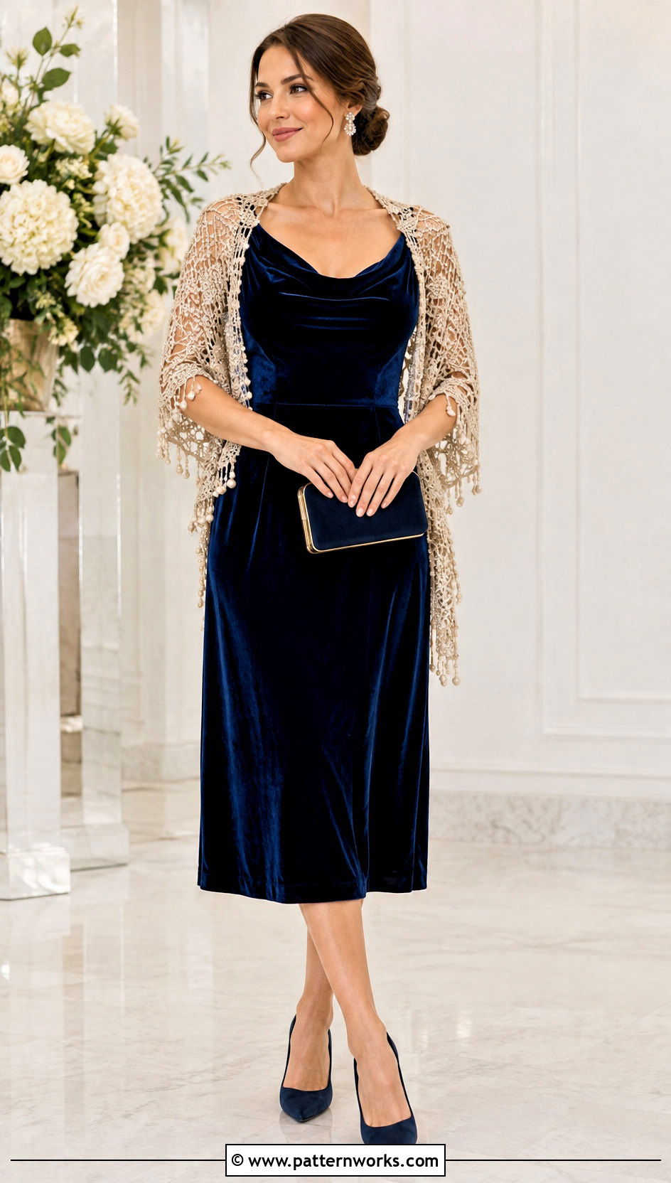 Beaded Vintage Crochet Shawl Outfit With Velvet Dress - 24 Vintage Crochet Shawl outfit ideas
