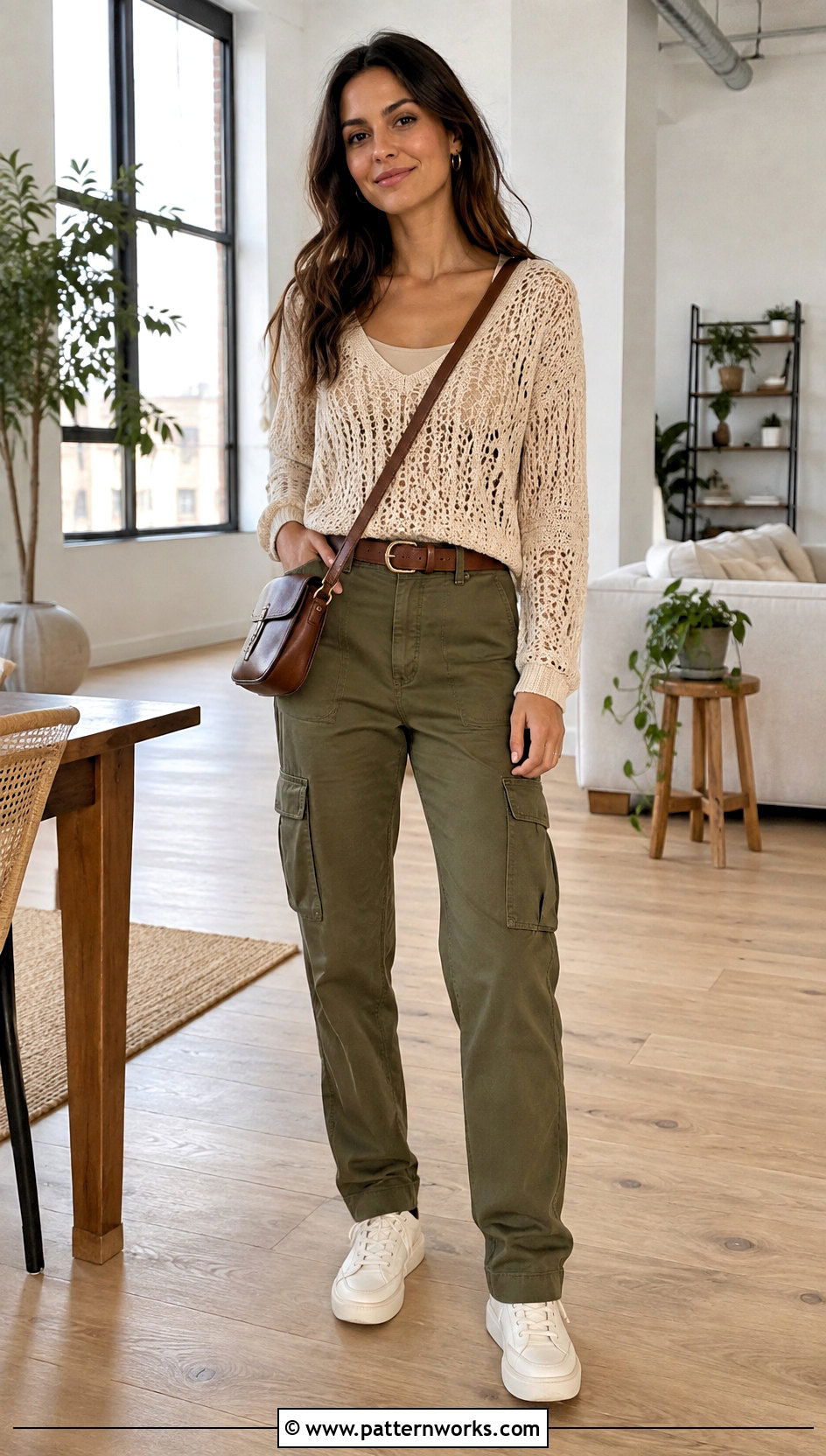 Beige Crochet Sweater Outfit With Olive Cargo Pants - 18 Beige Crochet Sweater On Wooden Floor outfit ideas
