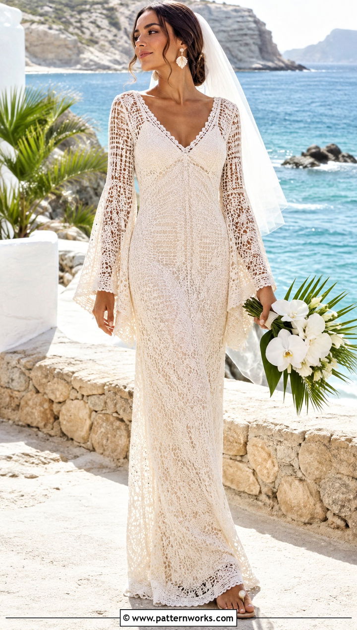 Bell Sleeve Crochet Beach Wedding Dress - 18 long sleeve crochet wedding dress outfit ideas