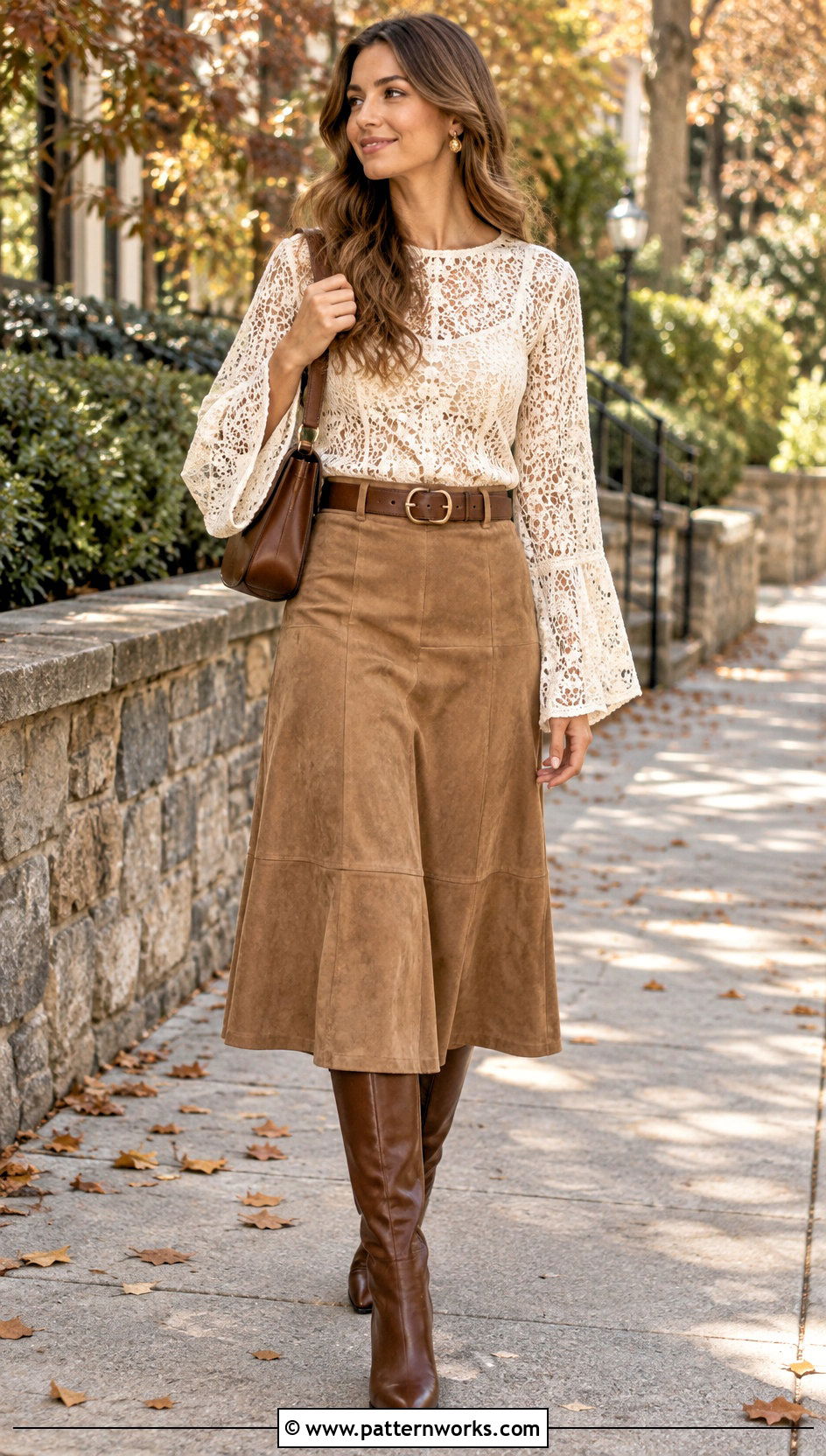 Bell Sleeve Crochet Lace Blouse With Suede Skirt - 30 crochet lace blouse outfit ideas