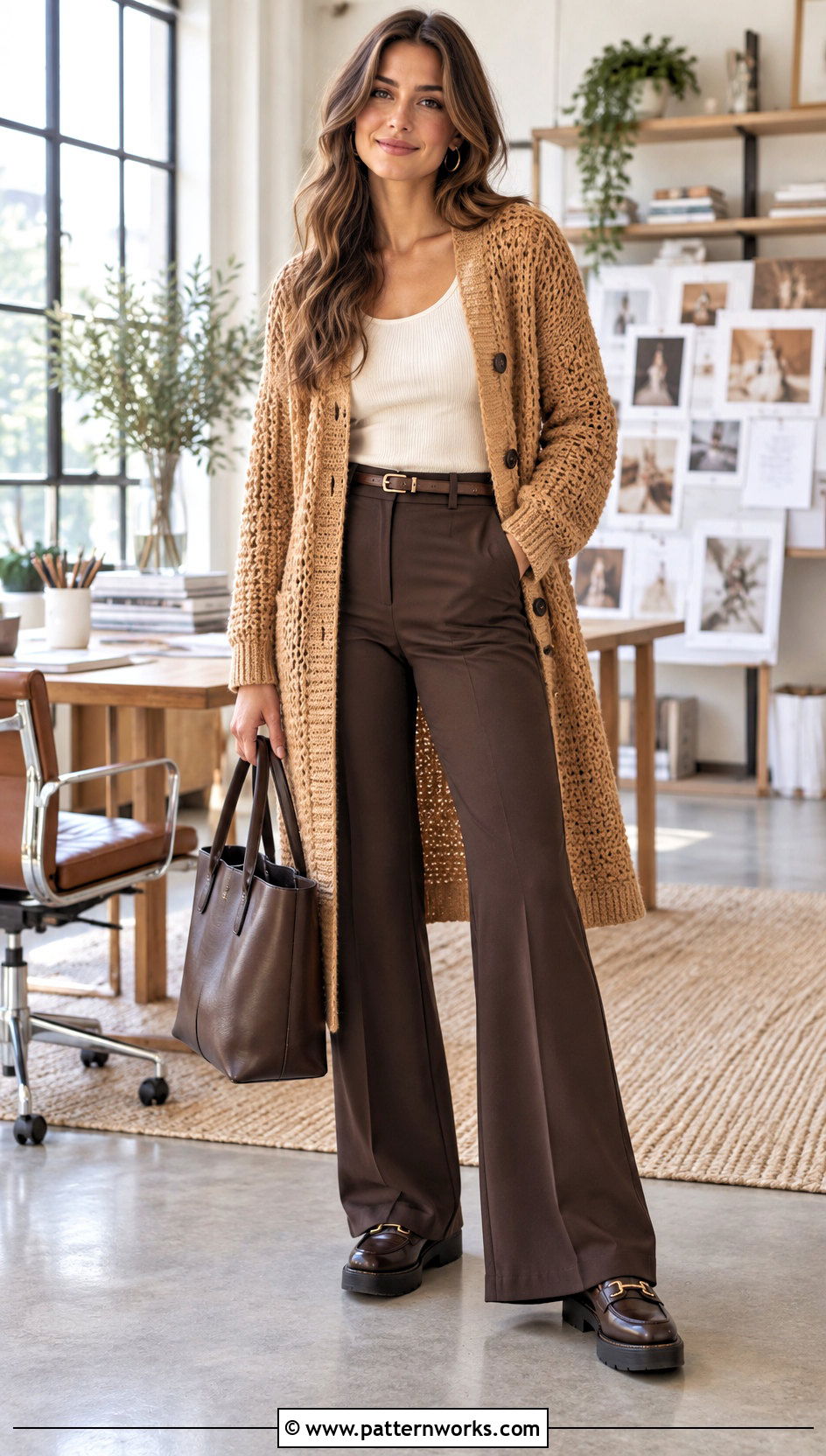Belted Crochet Button Sweater With Flared Pants - 24 Crochet Button Sweater outfit ideas