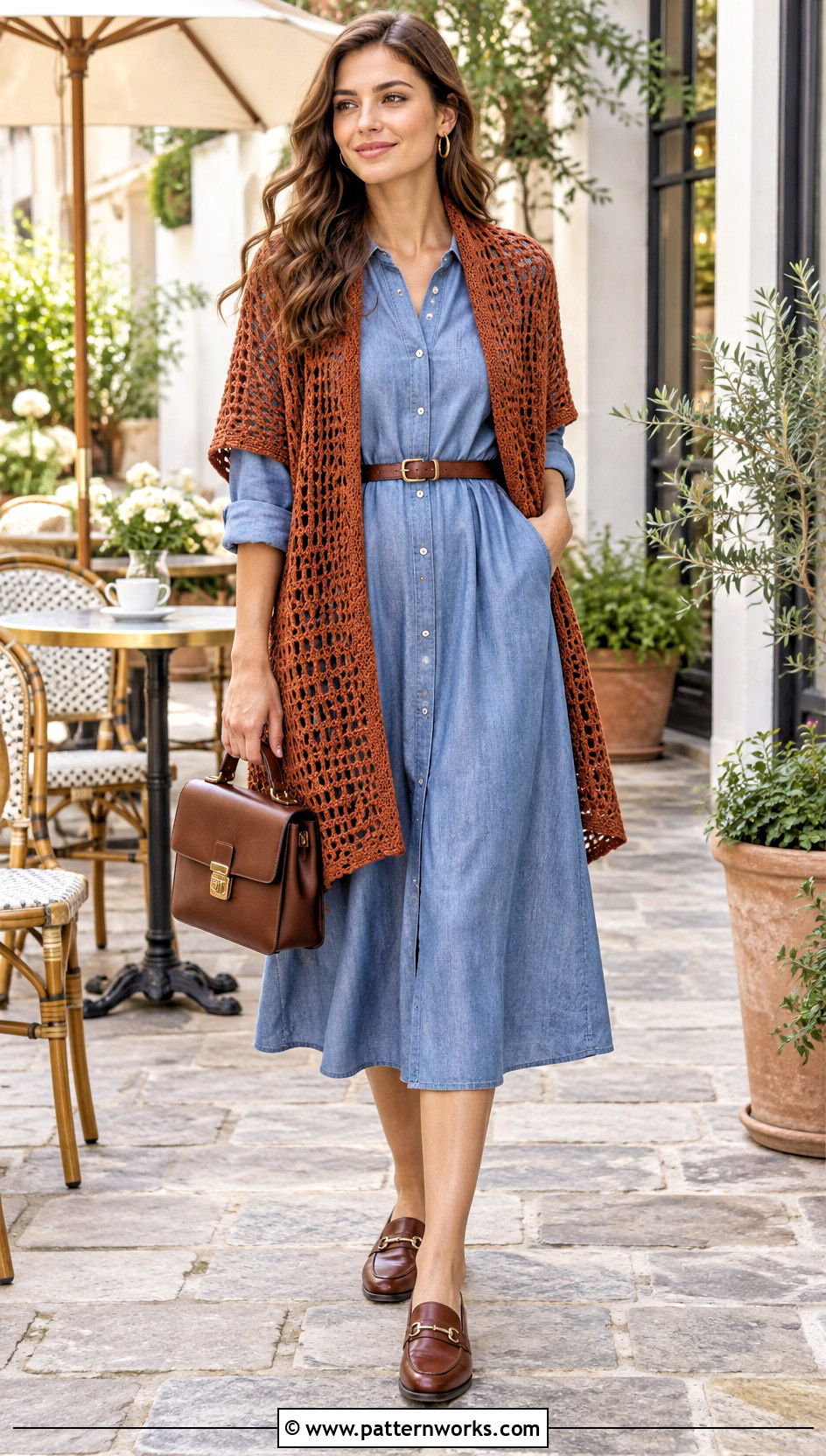 Belted Crochet Rectangular Shawl With Shirt Dress - 24 crochet rectangular shawl outfit ideas