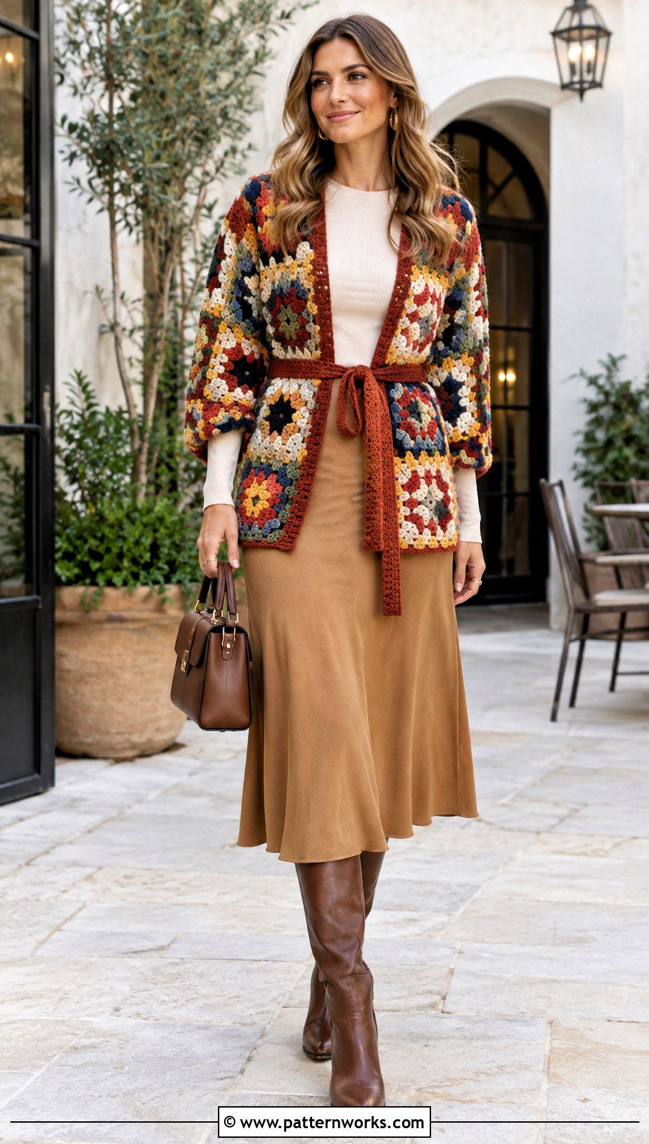 Belted Granny Square Cardigan With Midi Skirt - 24 Granny Squares Sweater outfit ideas