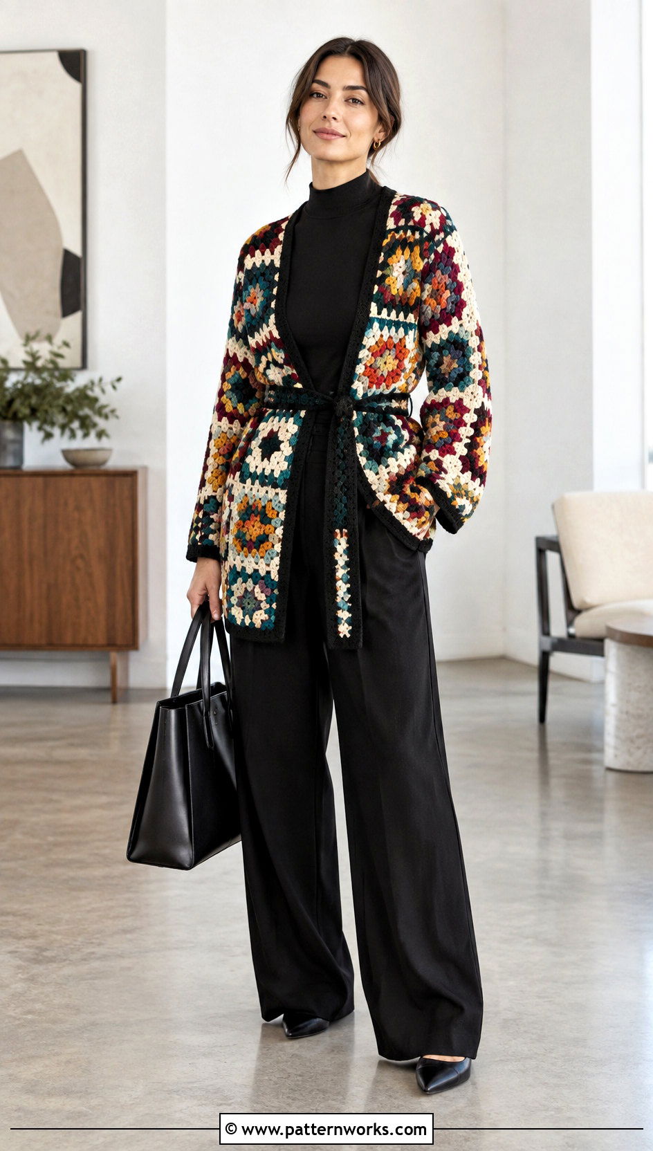 Belted Granny Square Cardigan With Wide Leg Trousers - 30 crochet granny square cardigan outfit ideas