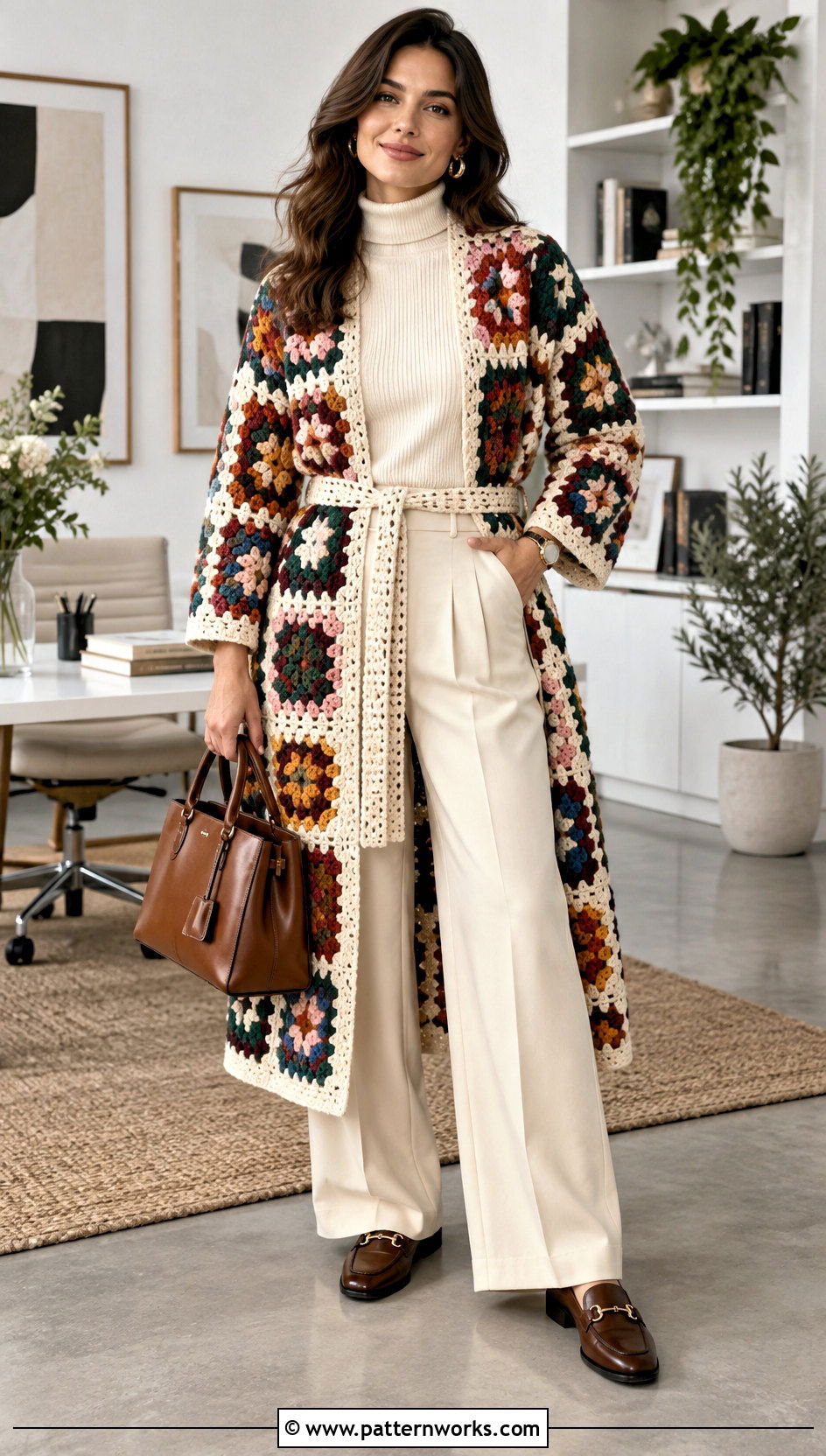 Belted Granny Square Coat With Pleated Trousers - 18 crochet granny square afghan style coat cardigan outfit ideas