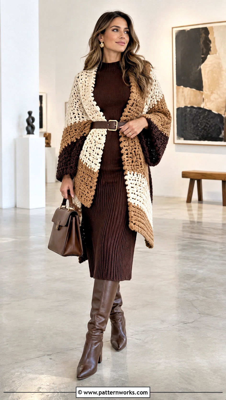 Belted Super Bulky Crochet Shawl With Knit Dress - 18 Super Bulky Crochet Shawl outfit ideas
