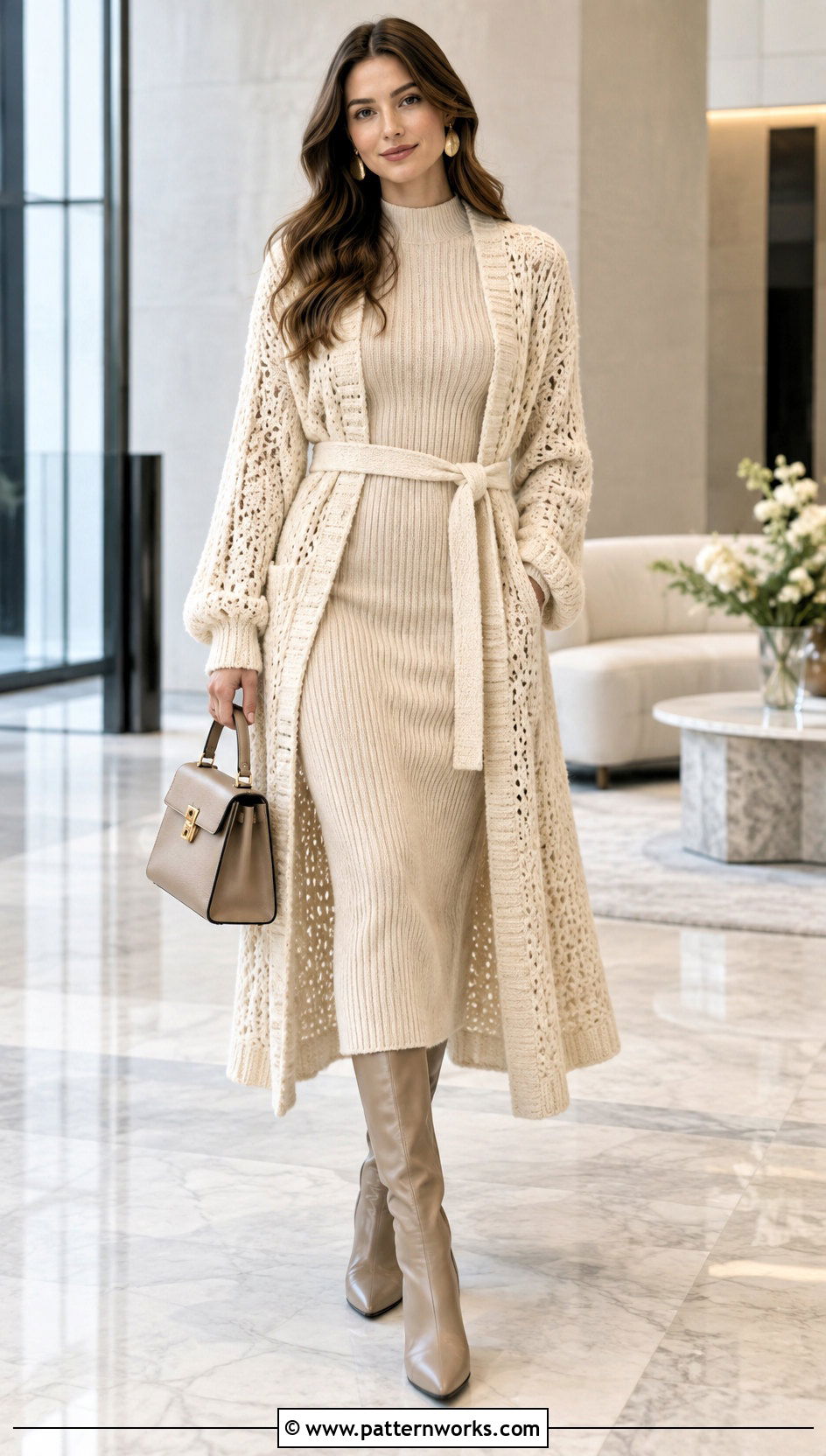 Belted Velvet Crochet Cardigan With Knit Dress - 18 velvet crochet cardigan outfit ideas