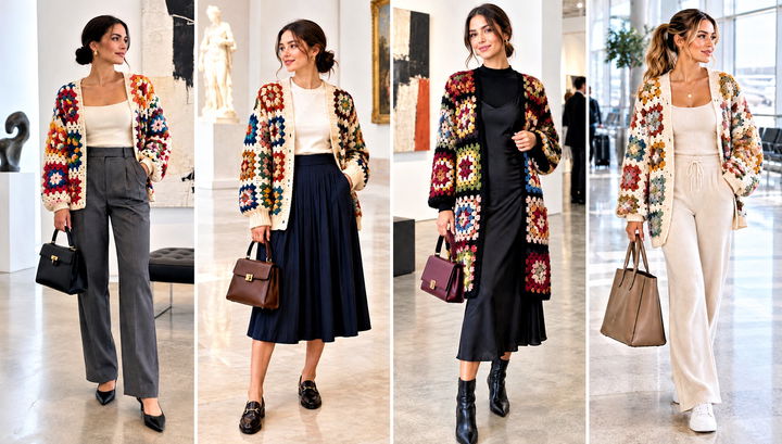 30 Big Granny Square Cardigan Outfit Ideas for Bold Color