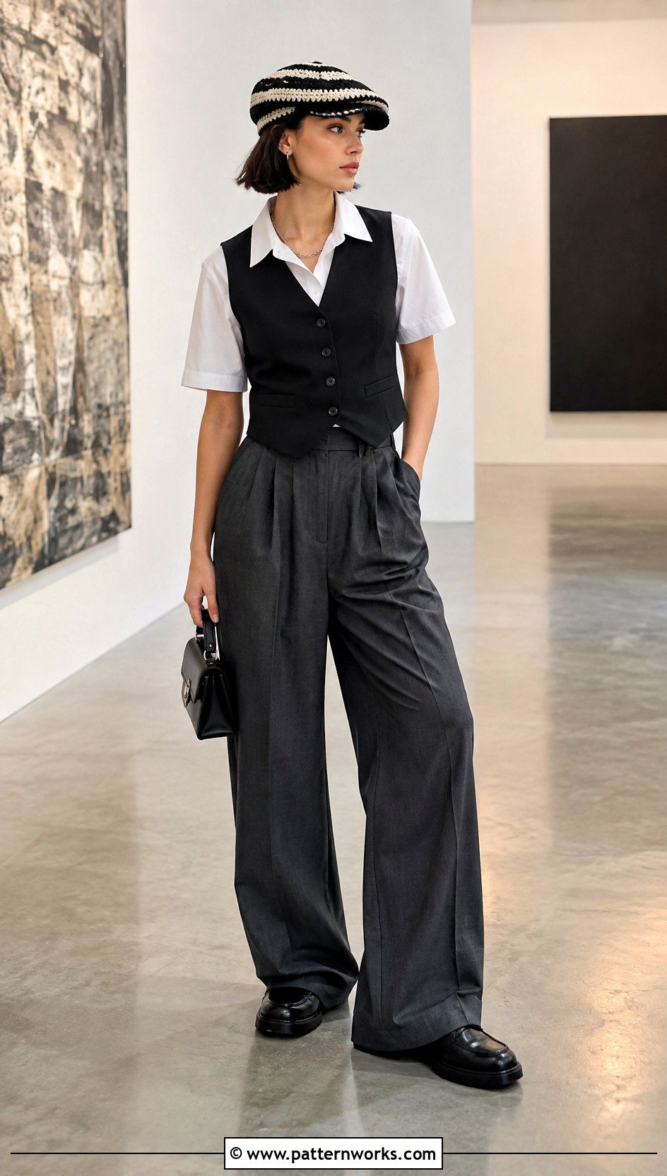 Black And White Crochet Scally Cap Outfit With Suit Vest And Trousers - 24 Crochet Scally Cap outfit ideas