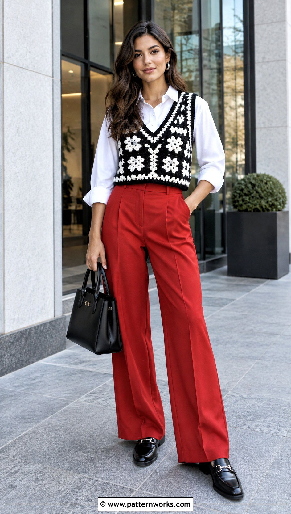 Black And White Crochet Vest With Red Trousers - 24 black and white crochet vest outfit ideas