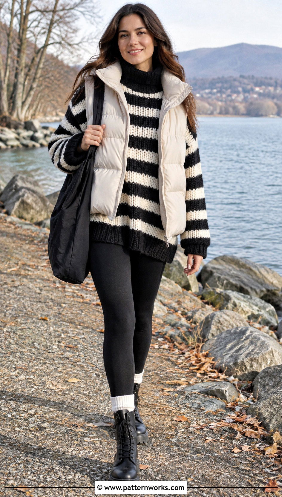 Black And White Striped Crochet Sweater With Leggings And Puffer Vest - 24 black and white striped crochet sweater outfit ideas