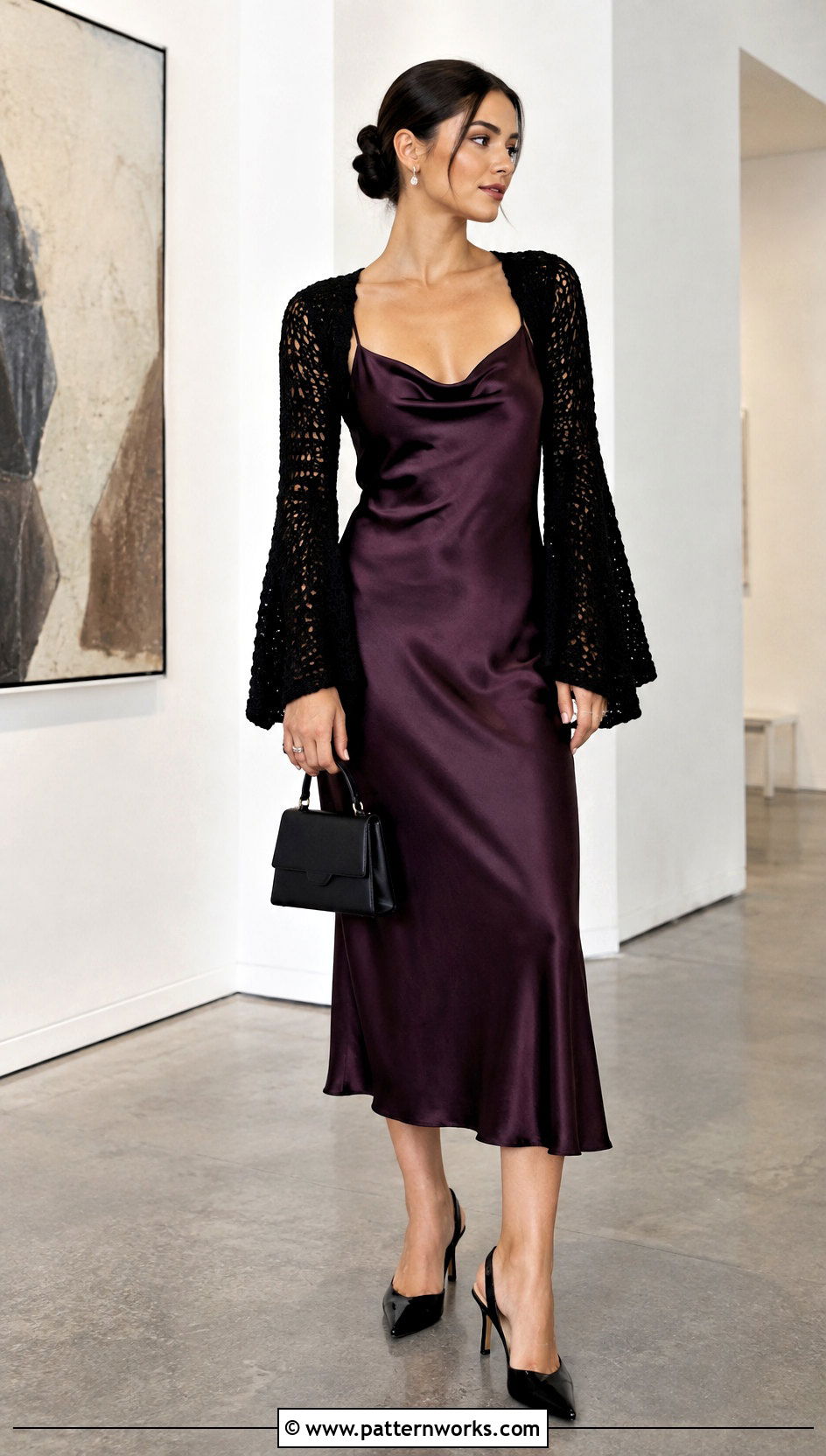 Black Bell Sleeve Crochet Shrug With Satin Slip Dress - 30 black crochet shrug outfit ideas