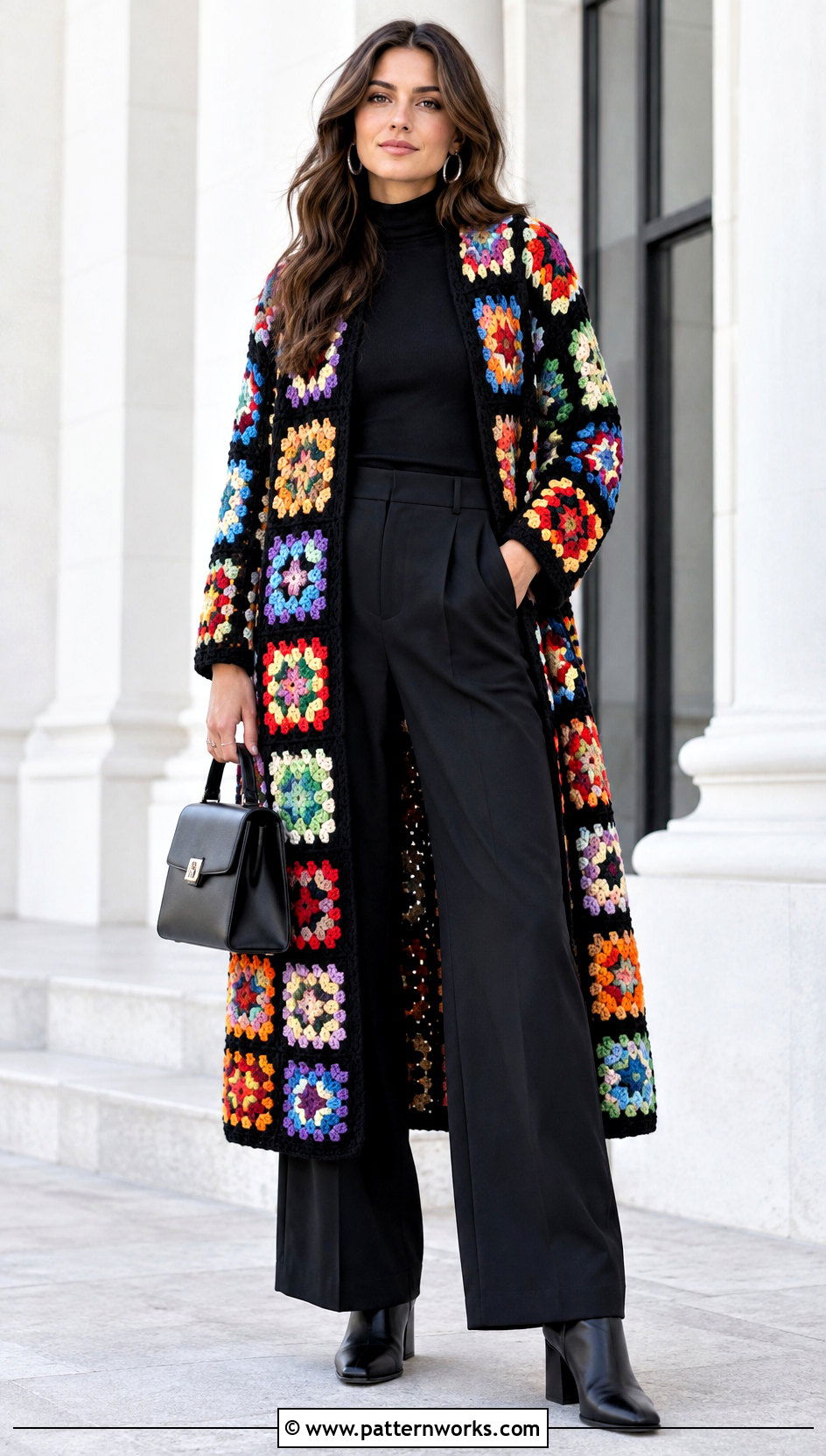 Black Border Granny Square Coat With All Black Outfit - 18 crochet granny square afghan style coat cardigan outfit ideas