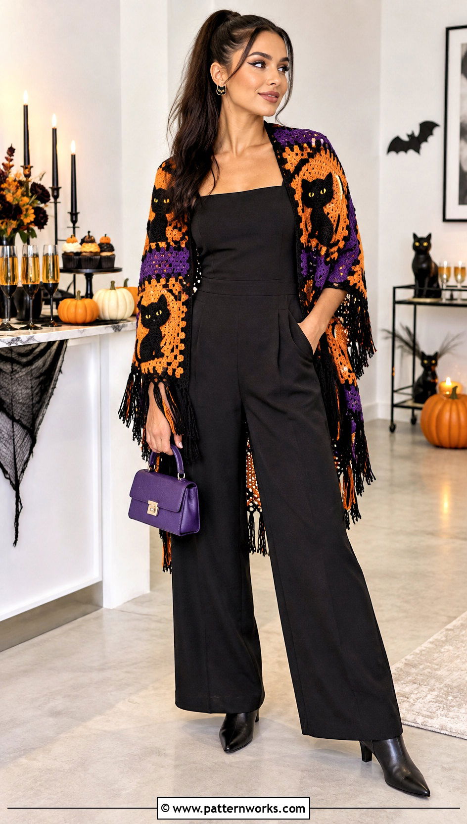 Black Cat Crochet Halloween Shawl Outfit With Jumpsuit - 18 Crochet Halloween Shawl outfit ideas