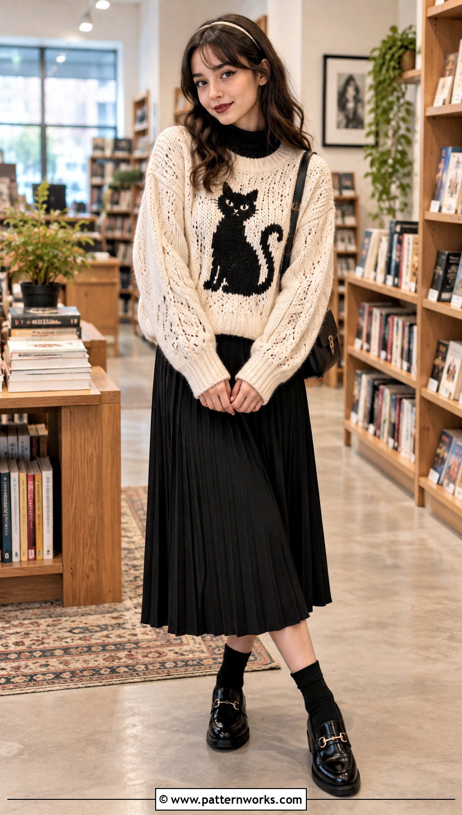 Black Cat Crochet Halloween Sweater Outfit With Pleated Skirt - 30 Crochet Halloween Sweater outfit ideas