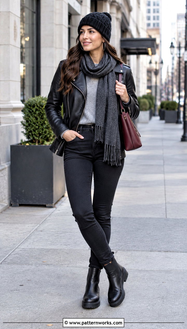 Black Crochet Cable Stitch Hat With Leather Jacket - 24 Crochet Cable Stitch Hat outfit ideas