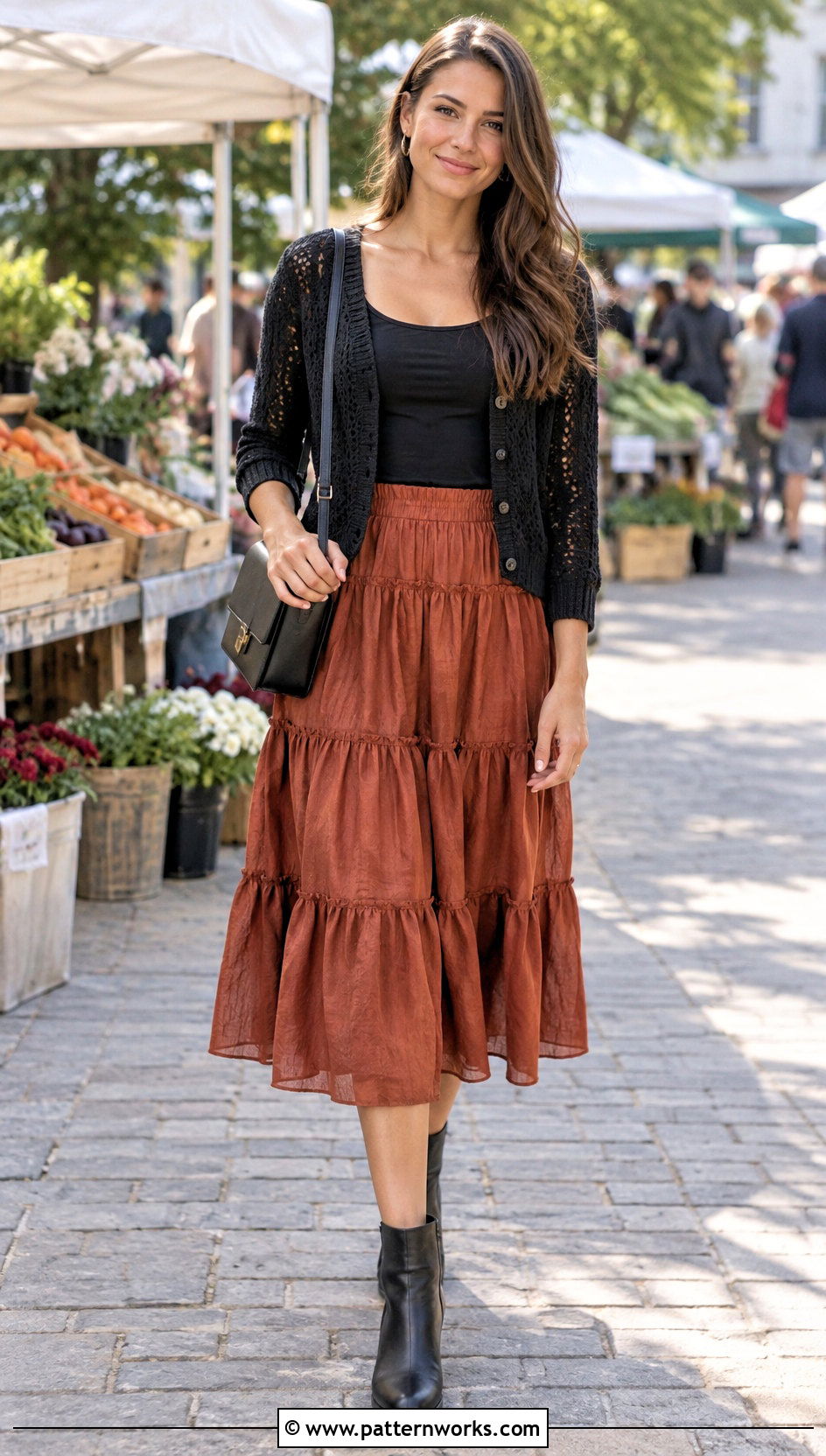 Black Crochet Cardigan With Tiered Midi Skirt - 30 black crochet cardigan outfit ideas
