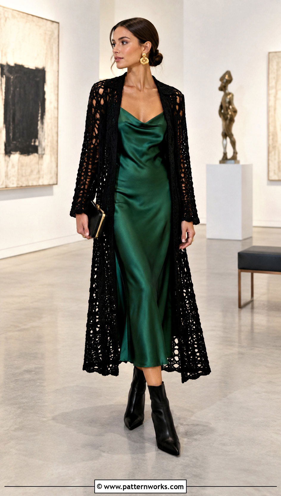 Black Crochet Coat With Satin Slip Dress - 24 Crochet Coat For Women outfit ideas