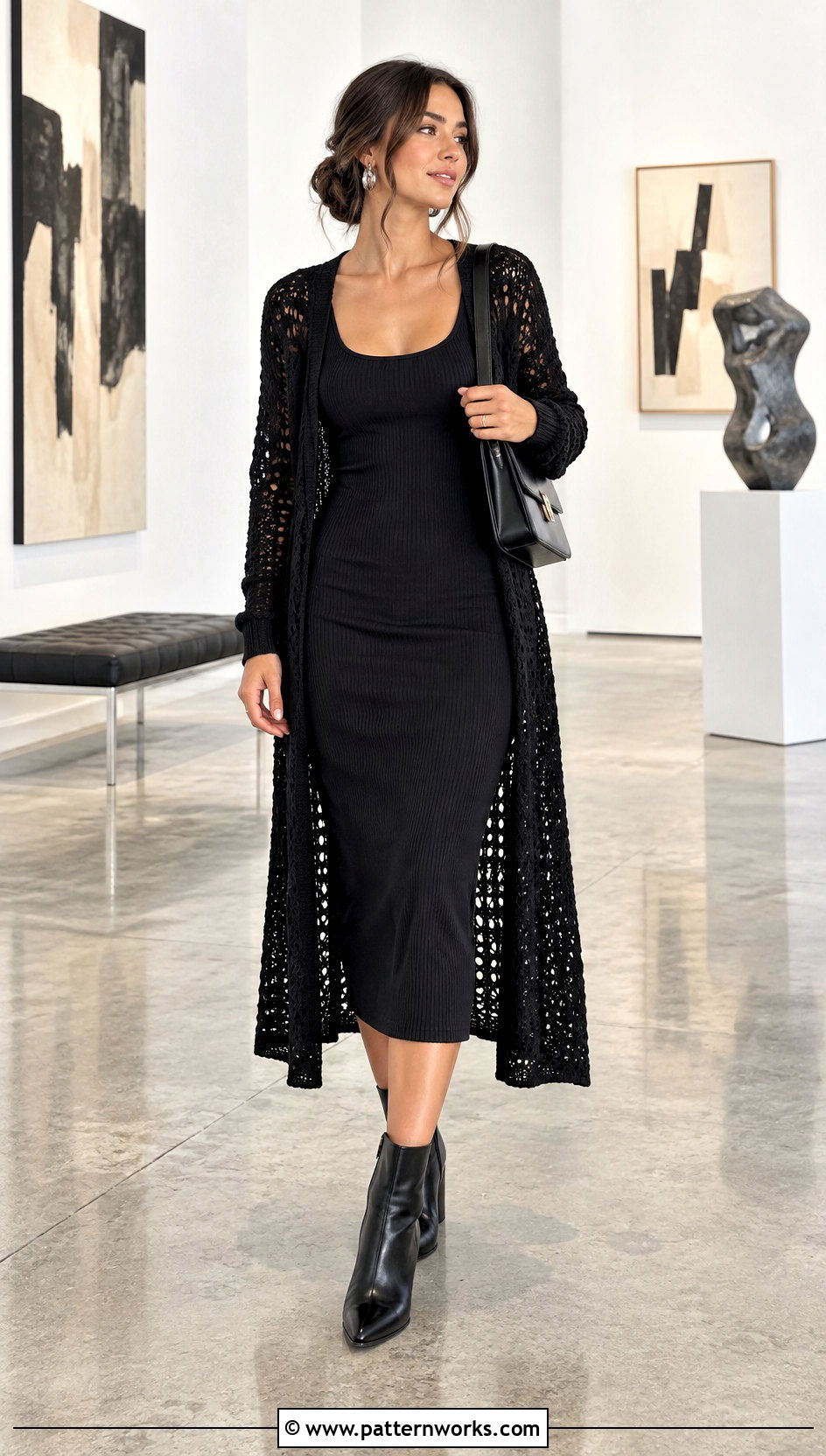 Black Crochet Long Cardigan With Tank Dress - 18 Easy Crochet Long Cardigan outfit ideas