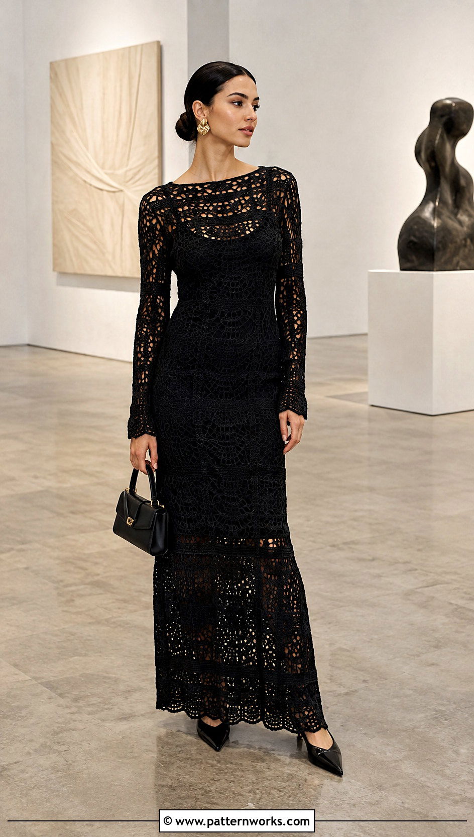 Black Crochet Maxi Dress With Neutral Slip And Flats - 24 Selena Gomez Crochet Dress outfit ideas