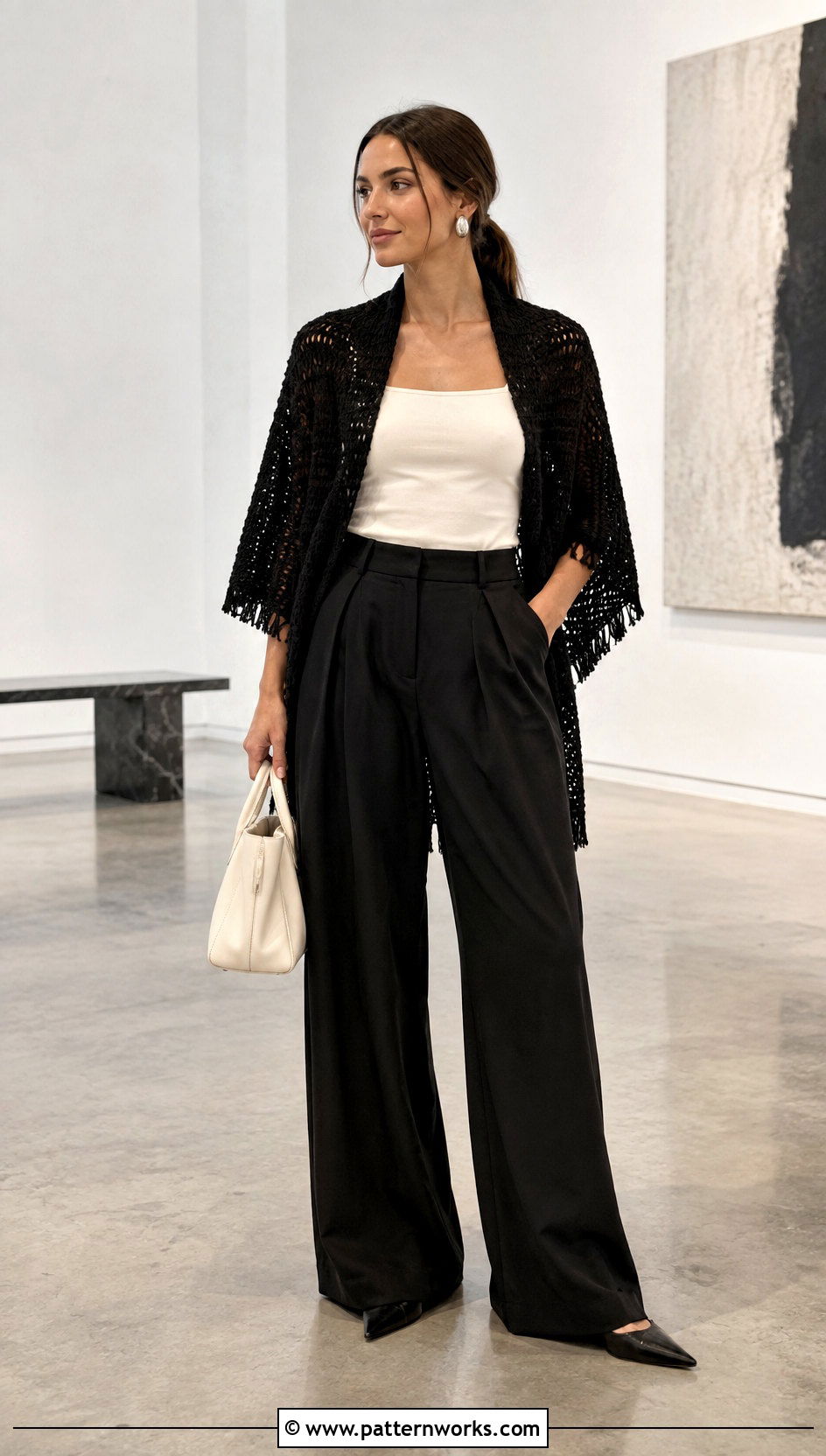 Black Crochet Moss Stitch Shawl Outfit With Wide Leg Trousers - 24 Crochet Moss Stitch Shawl outfit ideas