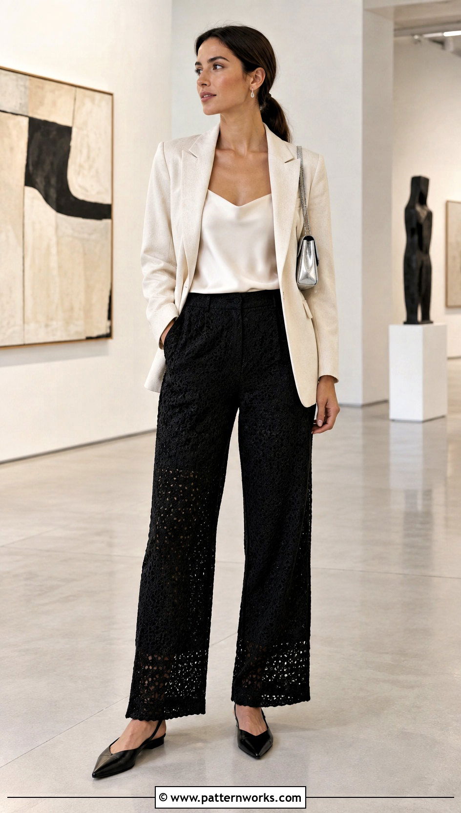 Black Crochet Pants Outfit With Satin Camisole - 24 women crocheted pants outfit ideas