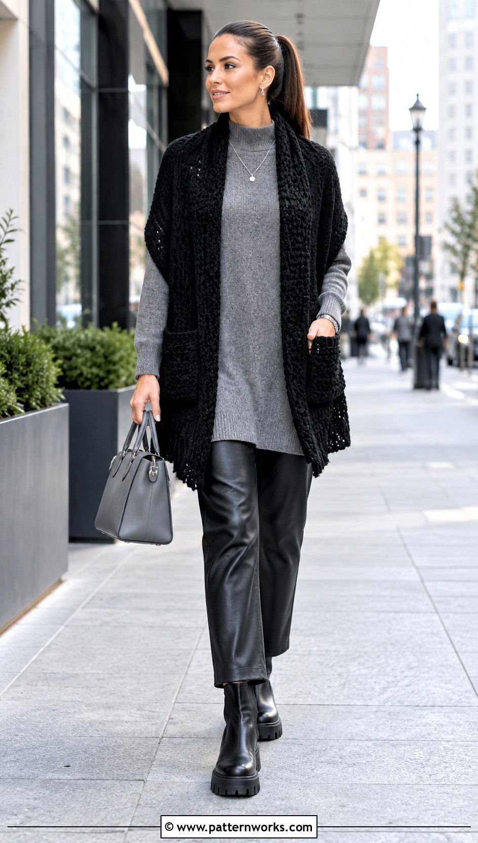Black Crochet Pocket Scarf Shawl With Leather Look Pants - 24 Crochet Pocket Scarf Shawl outfit ideas
