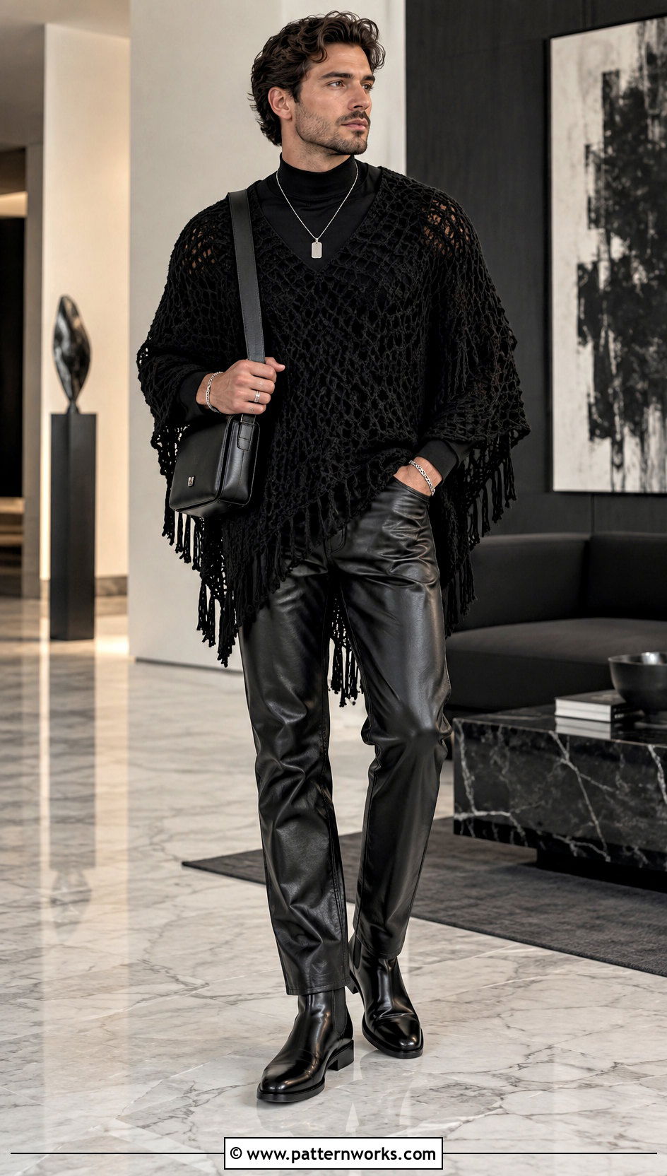 Black Crochet Poncho Outfit With Leather Pants - 24 mens crochet poncho outfit ideas
