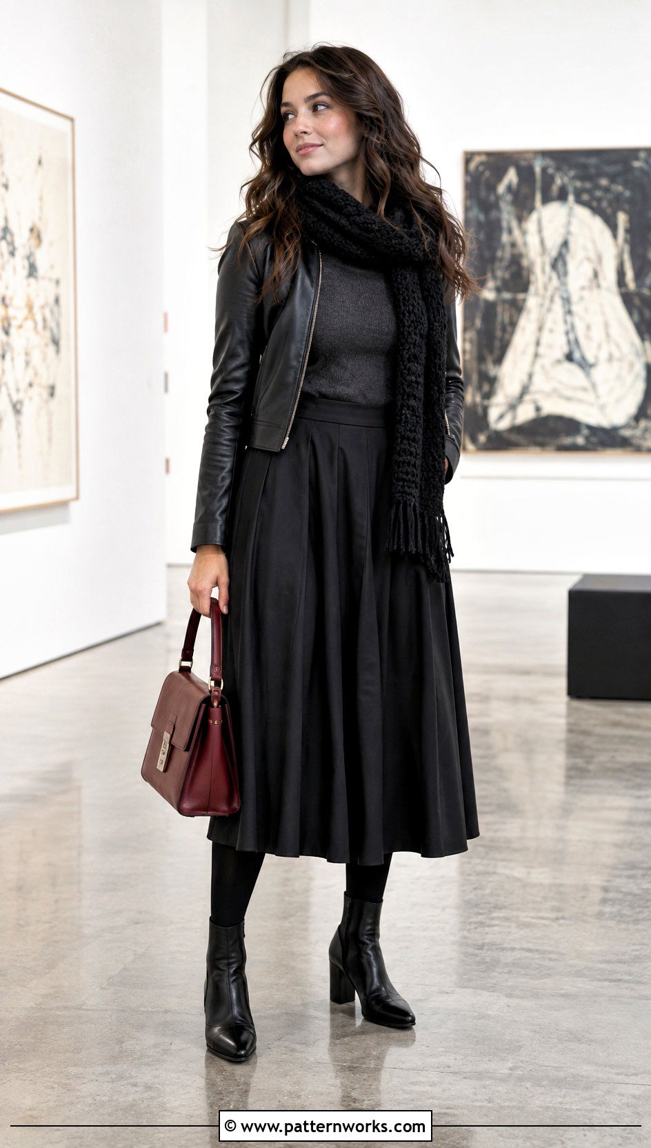 Black Crochet Scarf With Leather Jacket And Midi Skirt - 30 Winter Crochet Scarfs For Women outfit ideas
