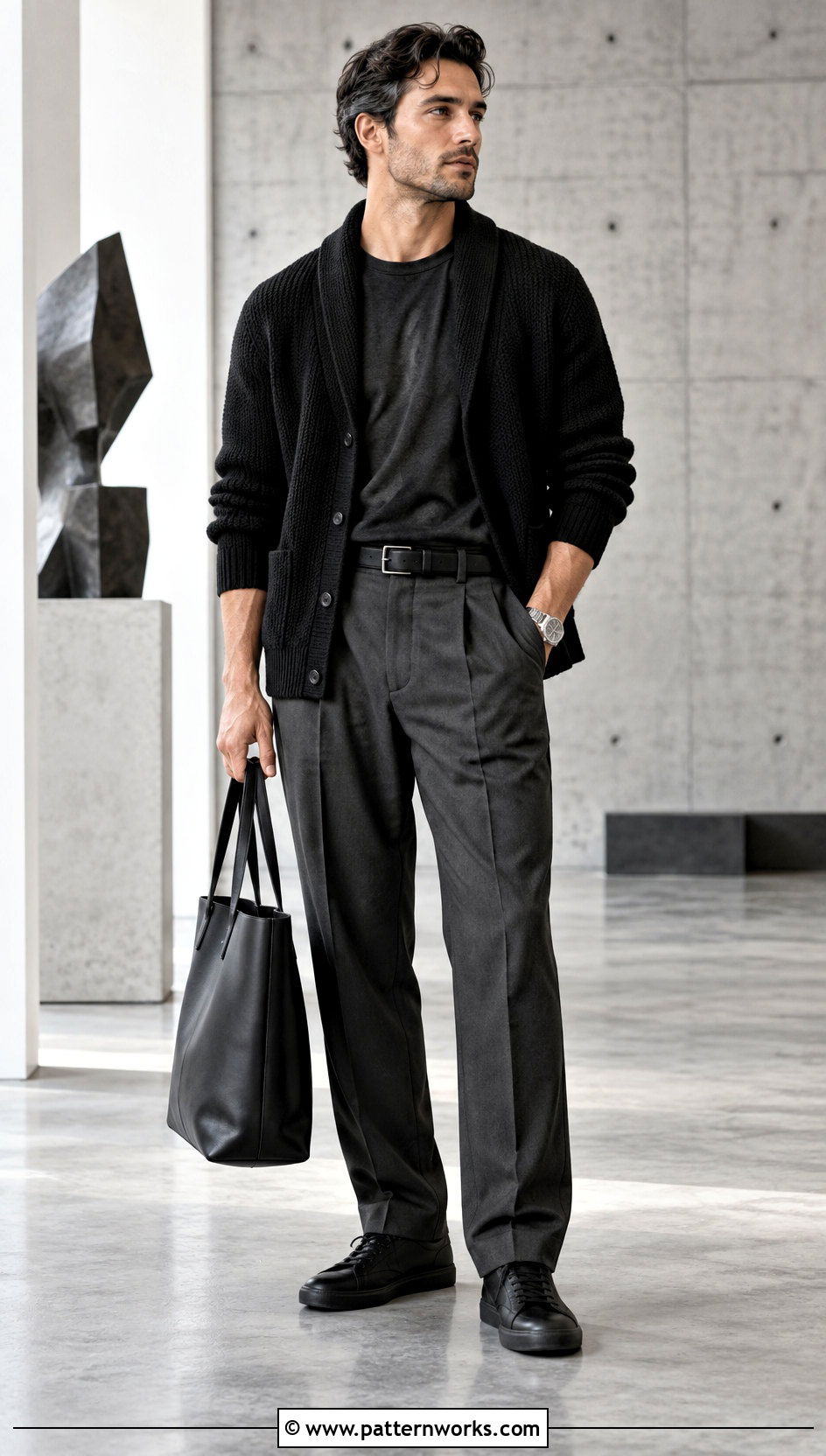 Black Crochet Shawl Collar Cardigan With Charcoal Trousers - 18 Mens Crochet Shawl Collar Cardigan outfit ideas