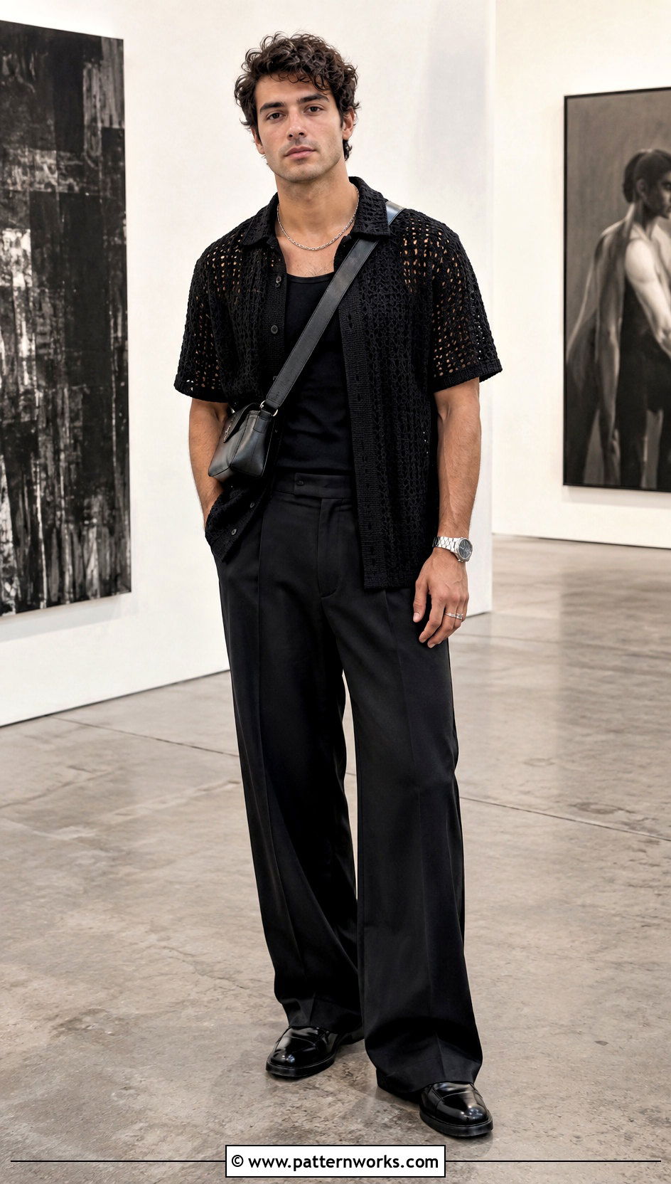 Black Crochet Shirt With Wide Leg Pants - 30 crochet male shirt outfit ideas