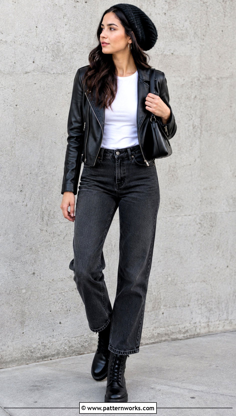 Black Crochet Slouchy Beanie Outfit With Leather Jacket - 30 crochet slouchy beanie outfit ideas