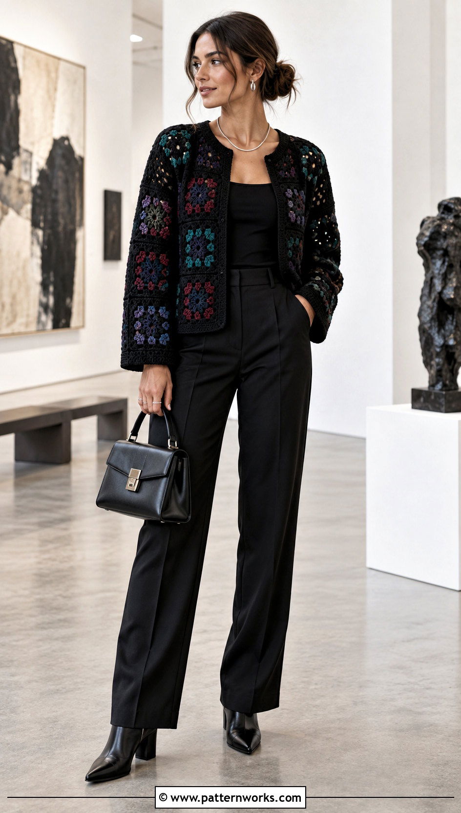 Black Crochet Square Jacket With Monochrome Basics - 30 crochet square jacket outfit ideas