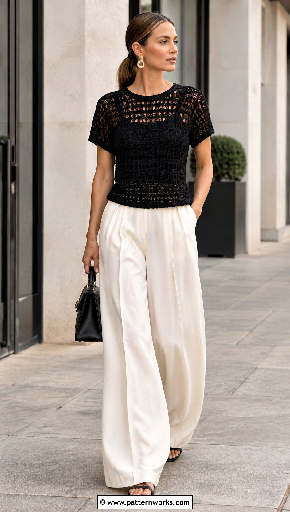 Black Crochet Top With White Wide Leg Pants - 18 crochet top dress style outfit ideas