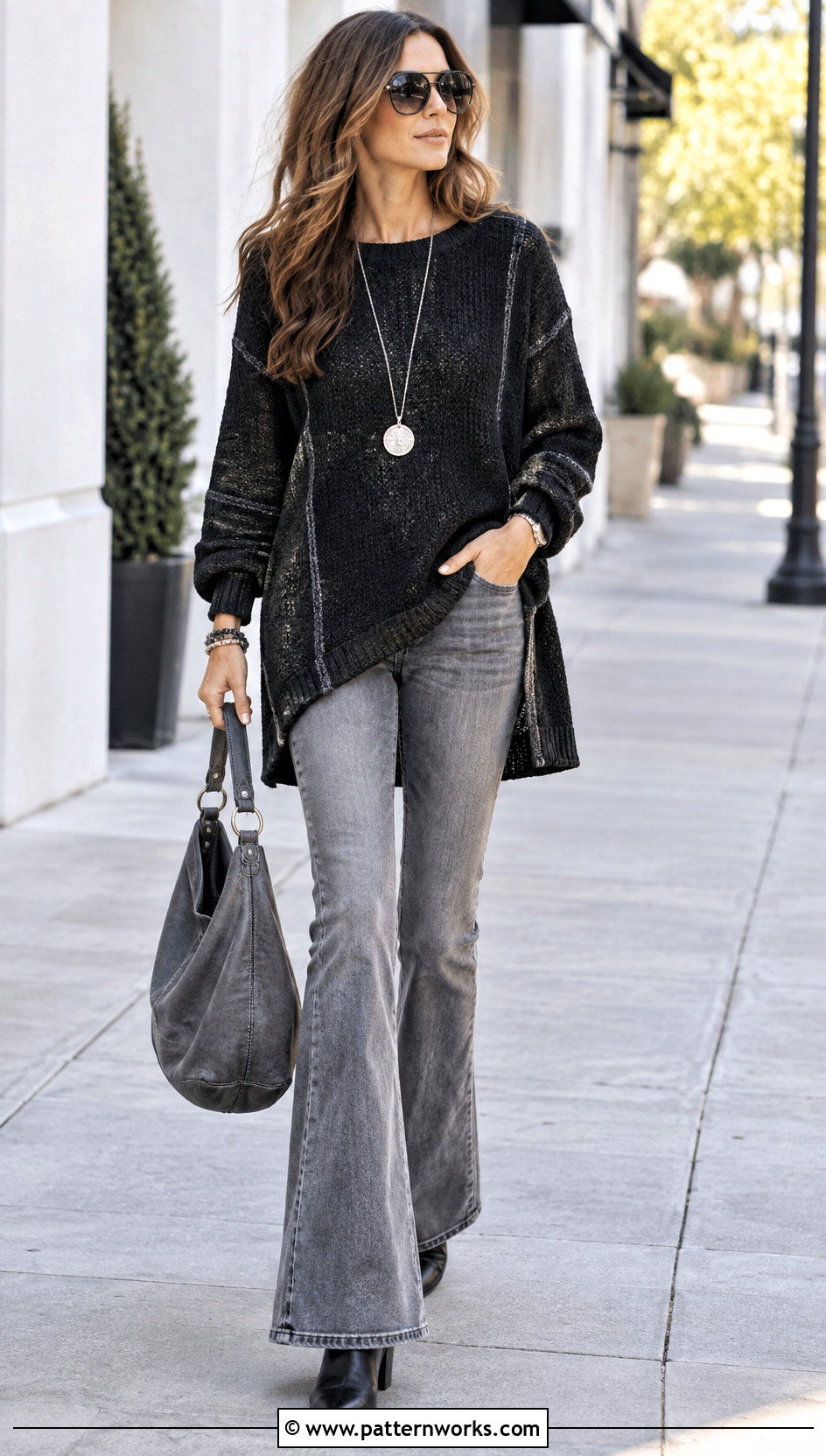 Black Crochet Tunic Sweater With Gray Flared Jeans - 18 black and gray crochet sweater outfit ideas