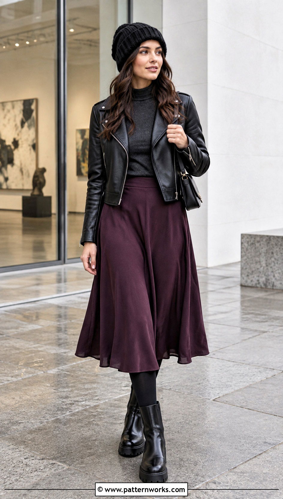 Black Crochet Woolly Hat With Moto Jacket And Midi Skirt - 18 Crochet Woolly Hat outfit ideas