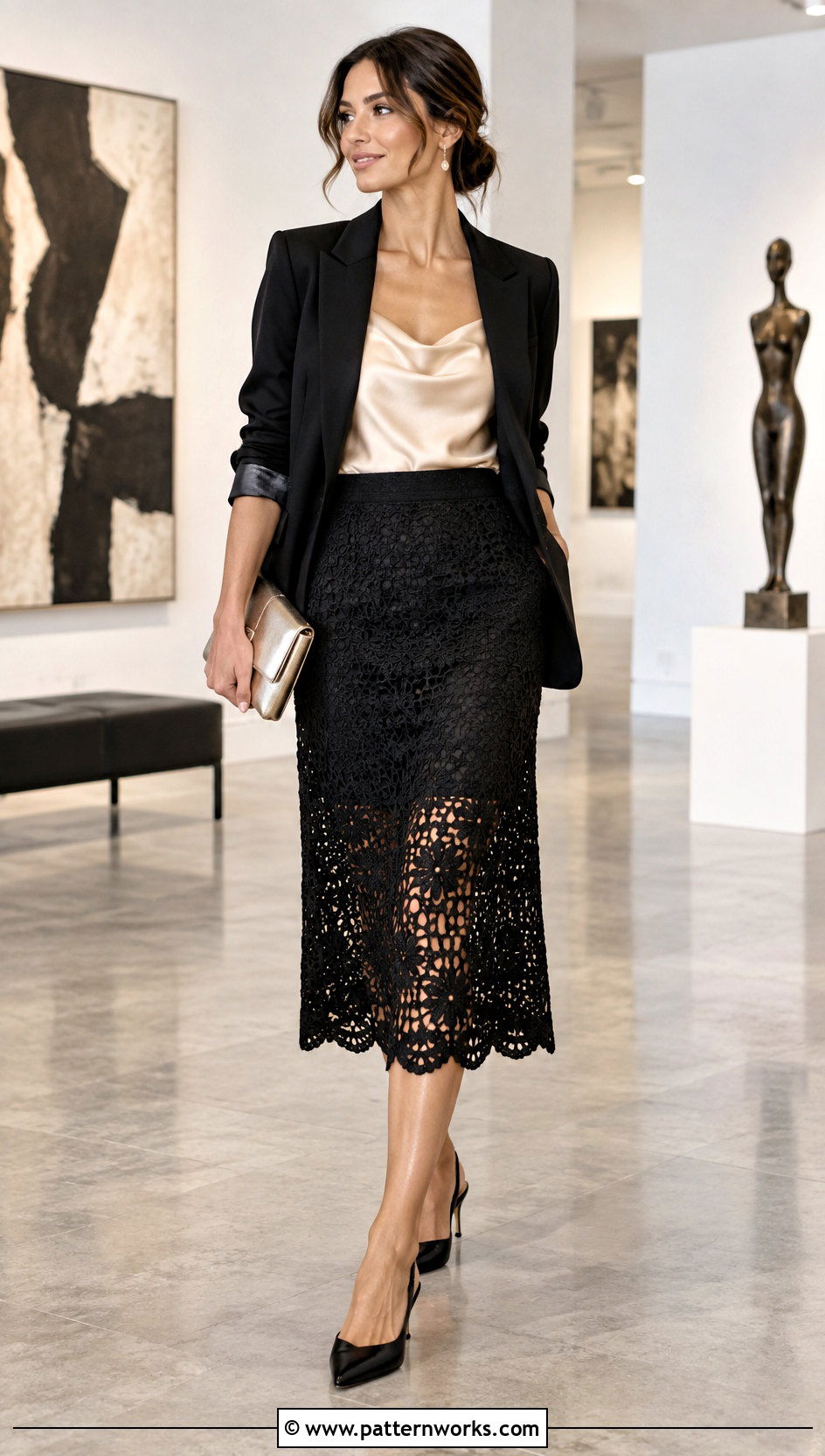 Black Filet Crochet Midi Skirt With Satin Camisole - 30 Filet Crochet Skirt outfit ideas