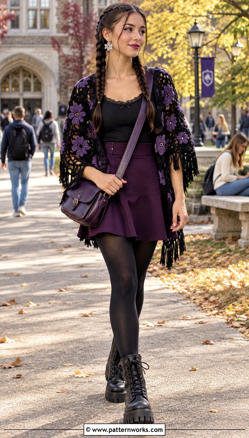 Black Flower Witchy Crochet Shawl Outfit With Purple Mini Skirt - 24 Witchy Crochet Shawl outfit ideas