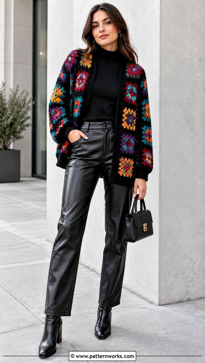 Black Granny Square Cardigan With Leather Pants - 24 Crochet Cardigan From Square outfit ideas