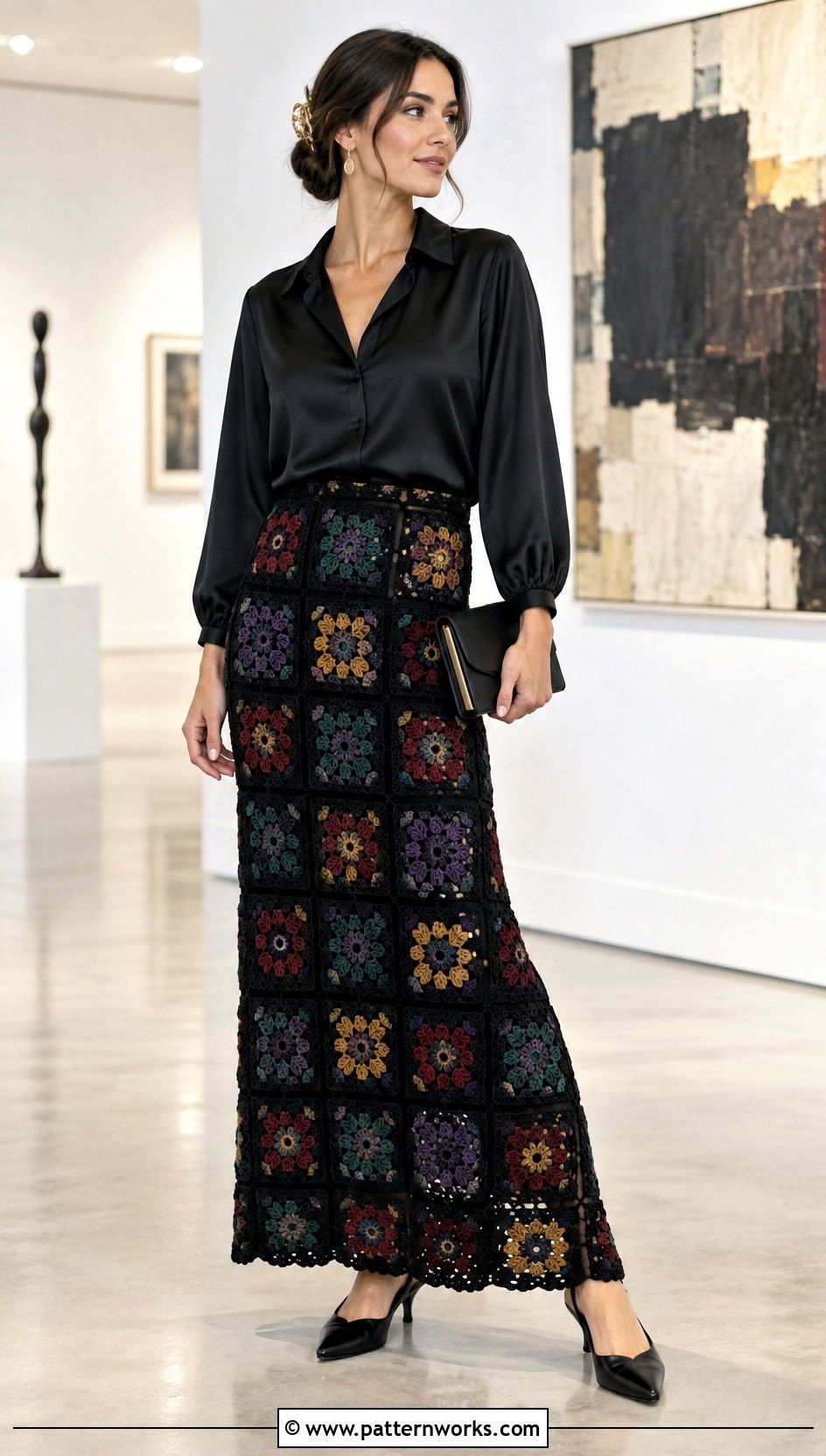 Black Granny Square Crochet Maxi Skirt With Satin Blouse - 30 granny square crochet skirt outfit ideas
