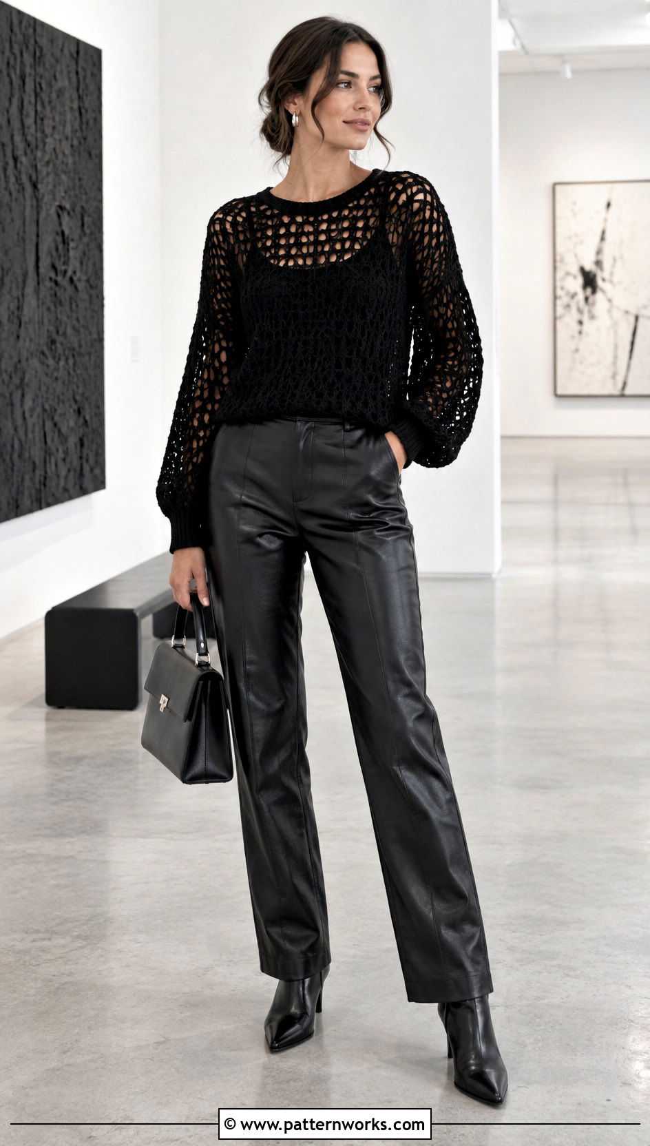 Black Hollow Out Crochet Sweater With Faux Leather Pants - 24 Hollow Out Crochet Sweater outfit ideas